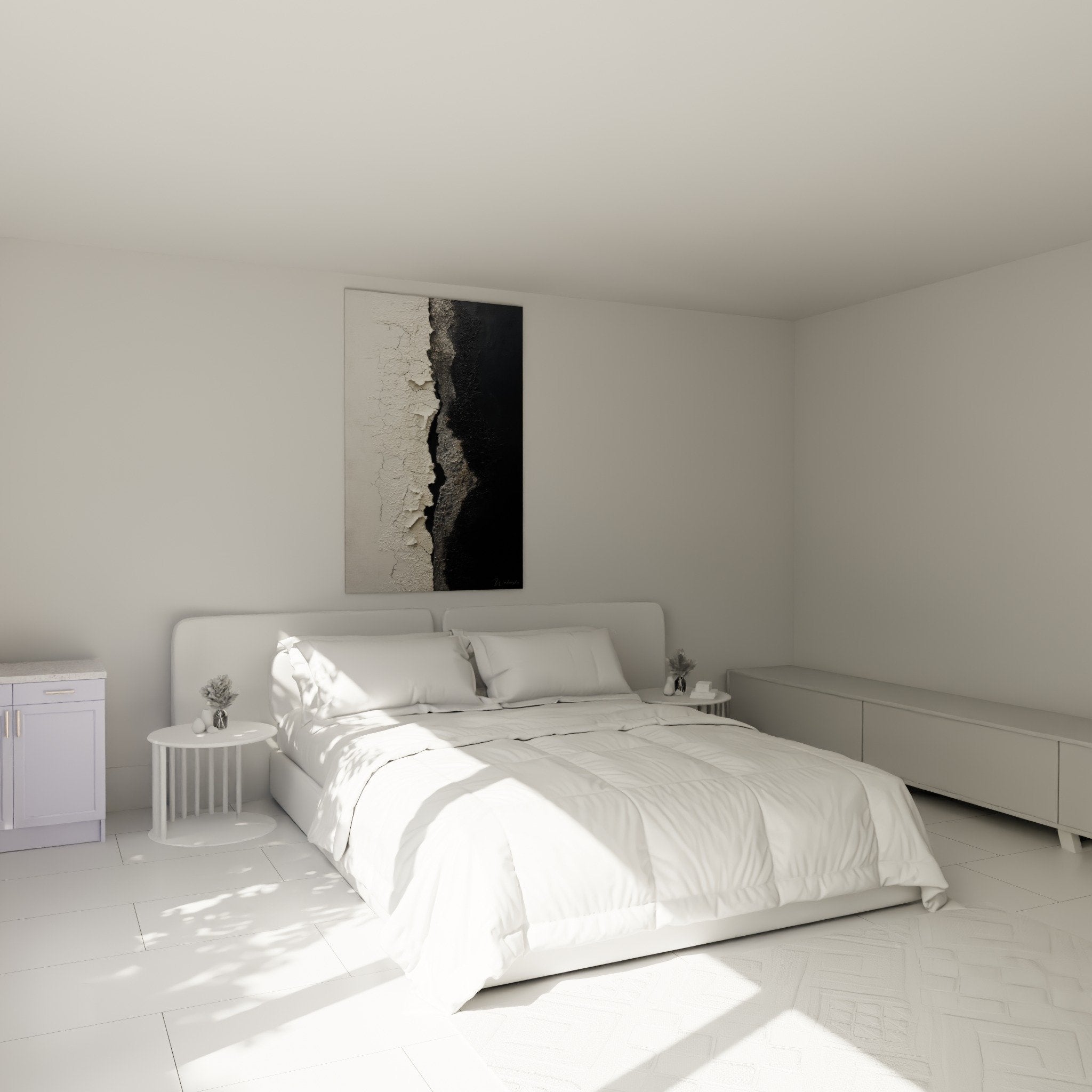 Schlafzimmer-Dekoration Wandbild strukturierte Rissoptik weiß schwarz beruhigende Atmosphäre Feng Shui