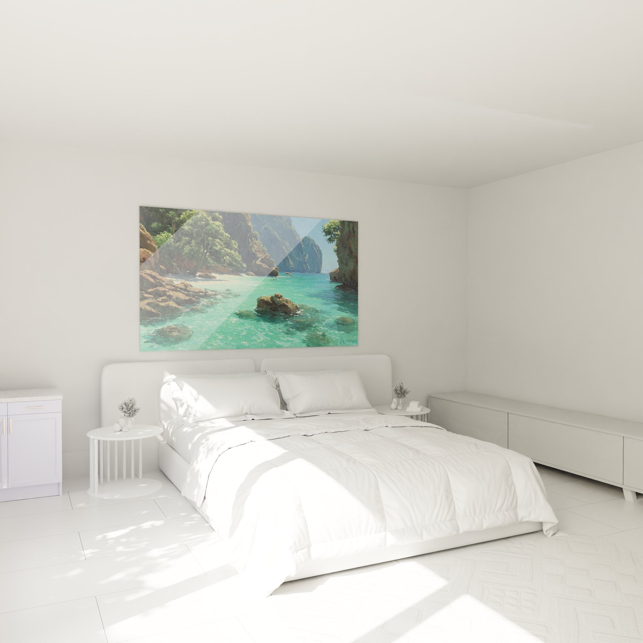 Décoration chambre tableau crique tropicale turquoise, ambiance relaxante paysage marin tropical bedroom