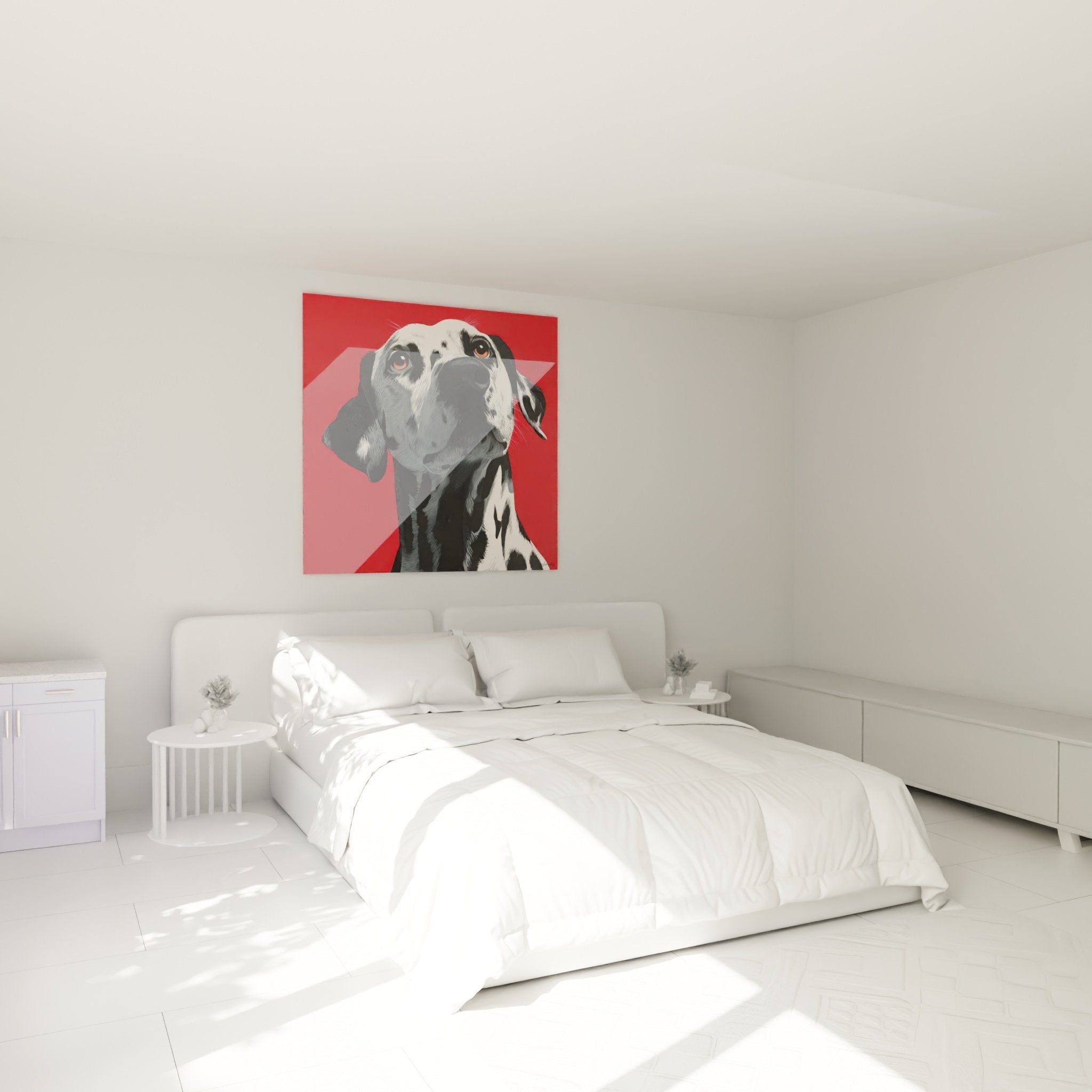 Tableau dalmatien décorant une chambre moderne, portrait artistique rouge et noir sur mur clair