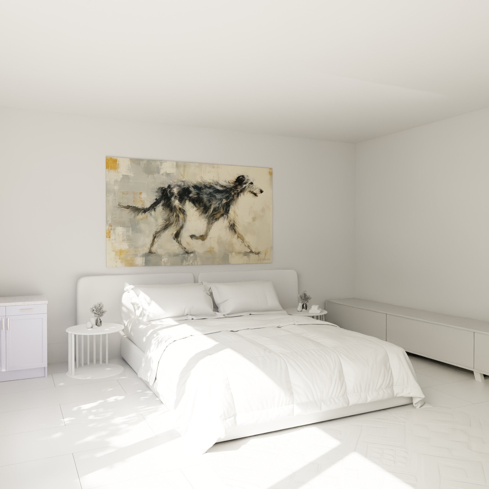 Deerhound Renngemälde grau weiß Schlafzimmerdekoration weiße Wand zeitgenössischer eleganter Stil