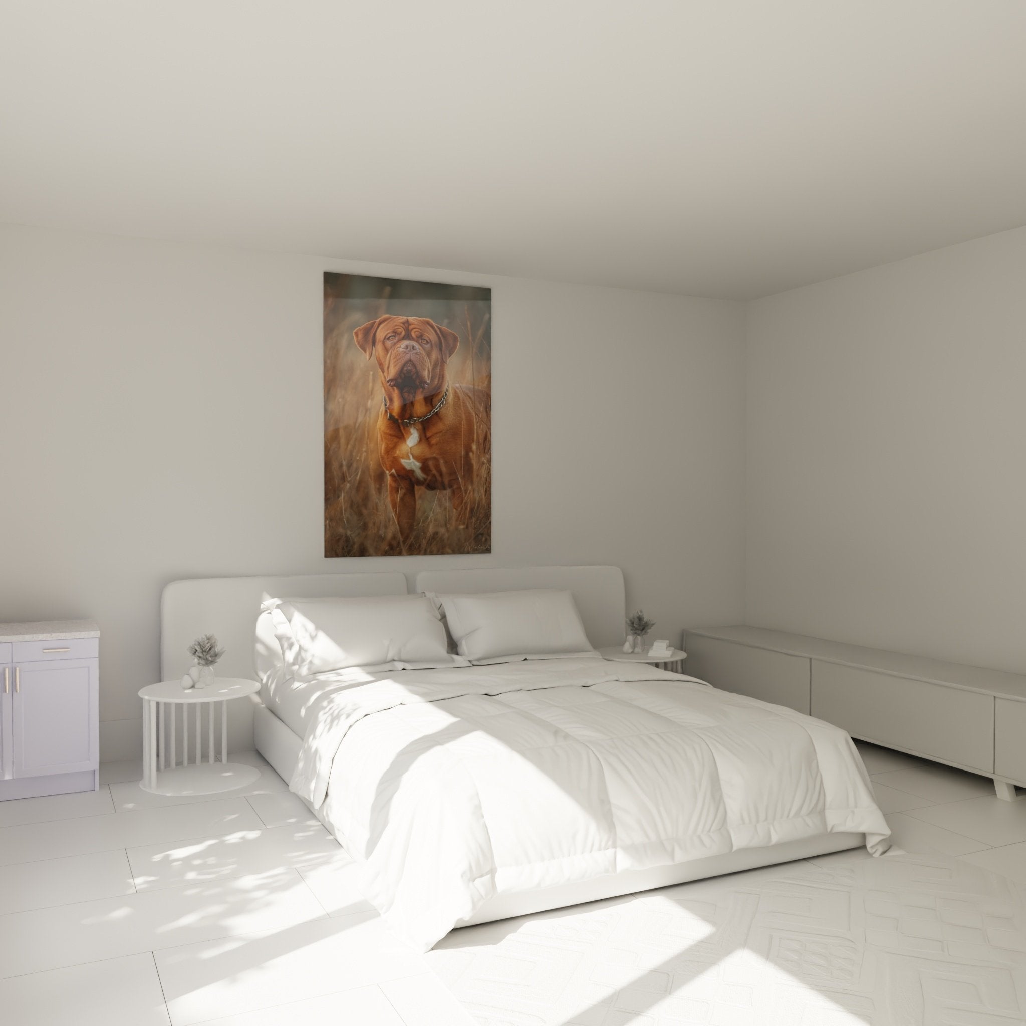 Deco chambre avec tableau Dogue Bordeaux fauve sur mur beige ambiance chaleureuse naturelle