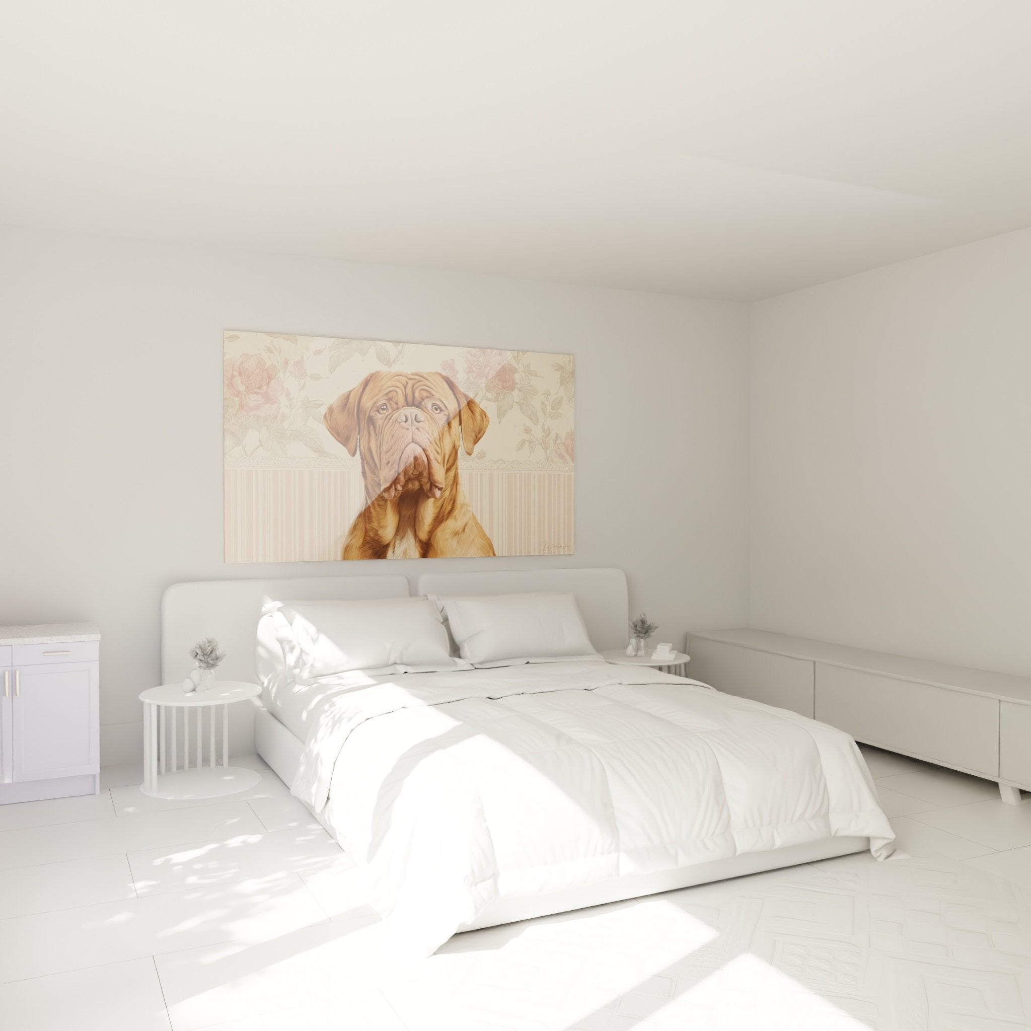 Tableau Dogue de Bordeaux vintage decorant chambre romantique tons roses