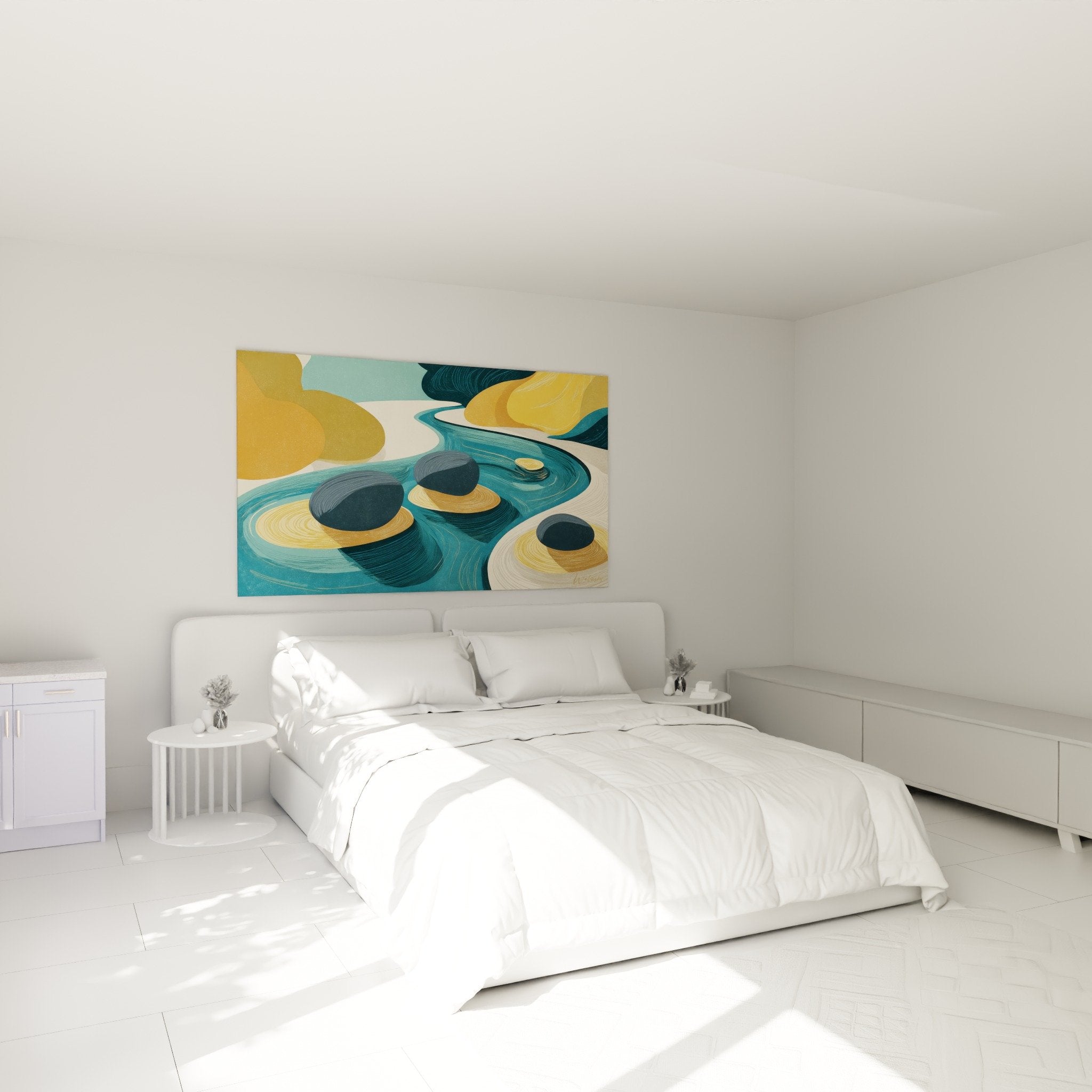 Tableau dunes dorées et bleu turquoise dans chambre moderne aux tons neutres et mobilier bois