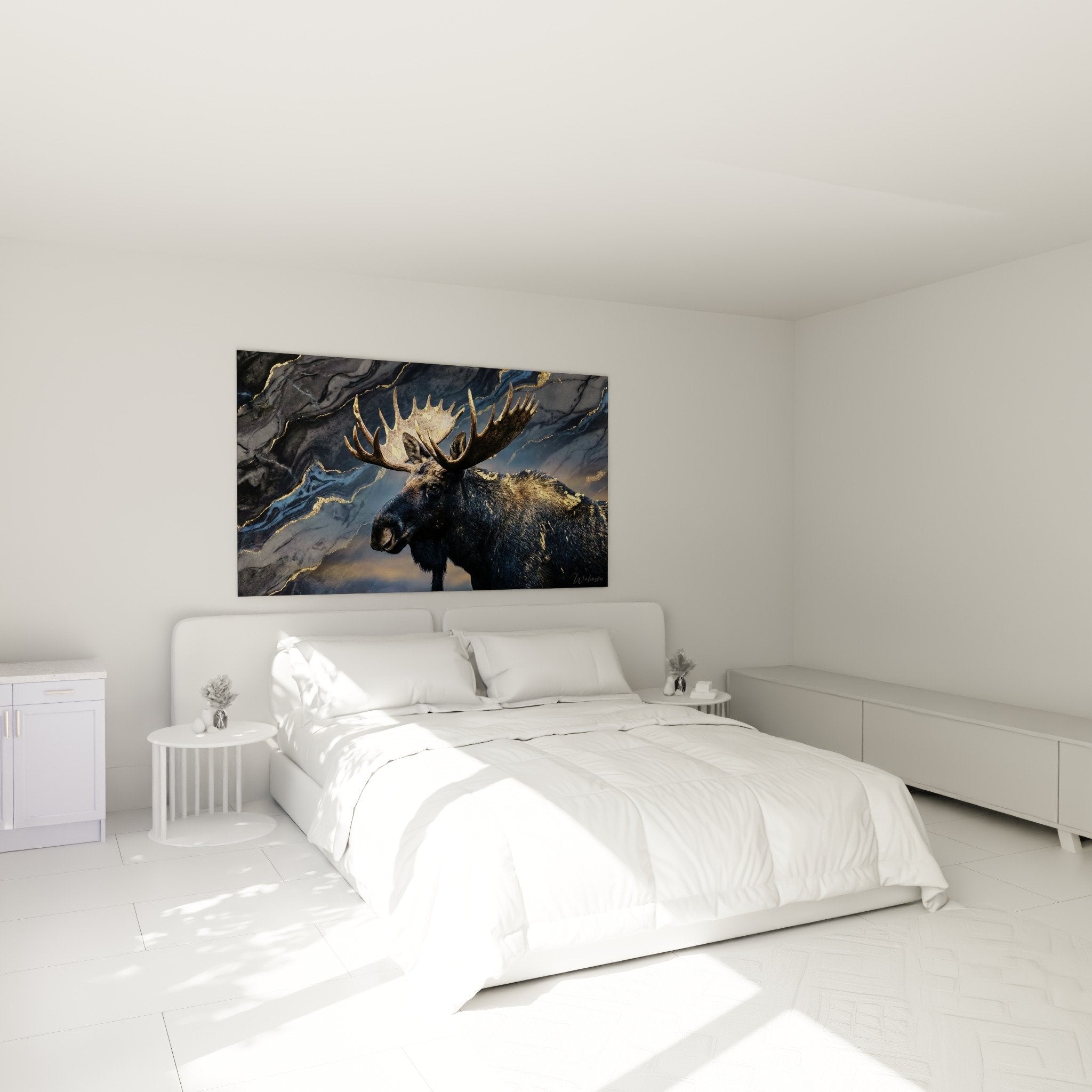 Schlafzimmer Dekoration Elch Gemälde blau gold nordischer eleganter Stil weiße Wand