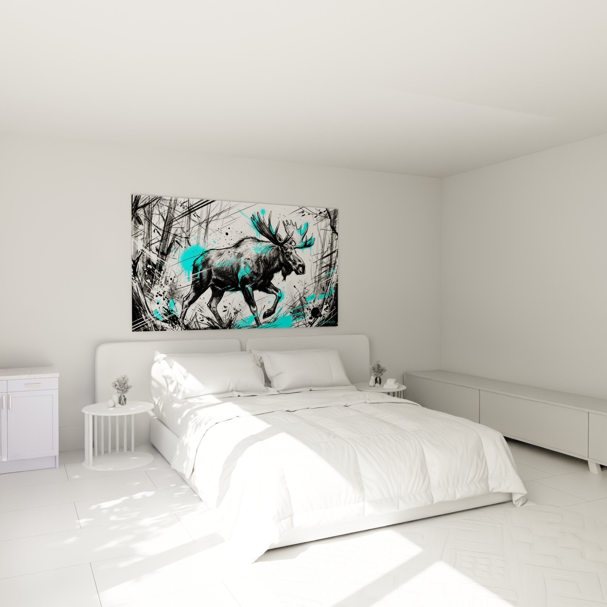 Schlafzimmer Dekoration Gemälde Hirsch Türkis und Schwarz an der Wand aufgehängt modernes und natürliches Ambiente