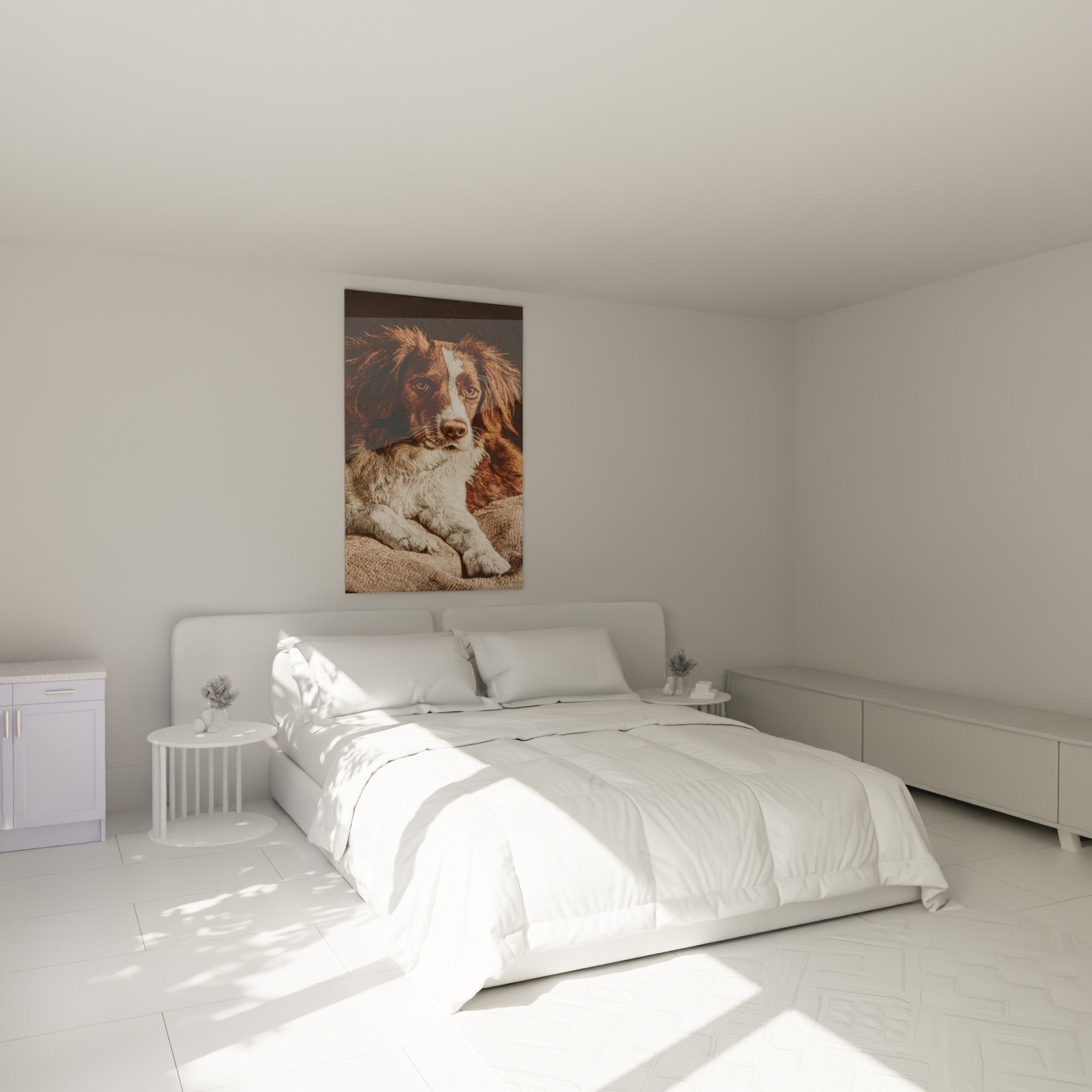 Décoration chambre avec tableau épagneul breton tons cuivrés ambiance chaleureuse mur beige