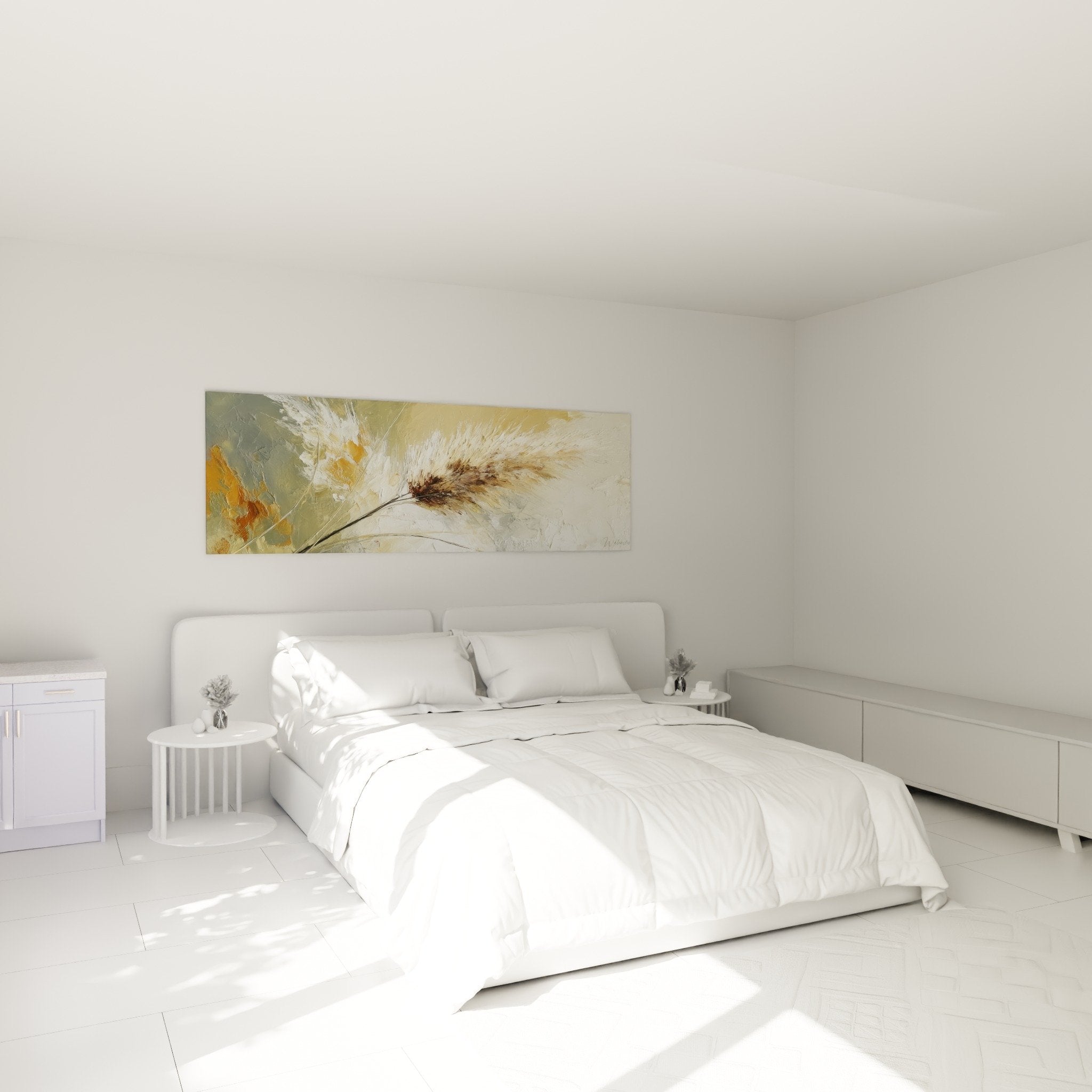 Décoration chambre avec tableau graminées épi doré au-dessus lit, ambiance naturelle chaleureuse