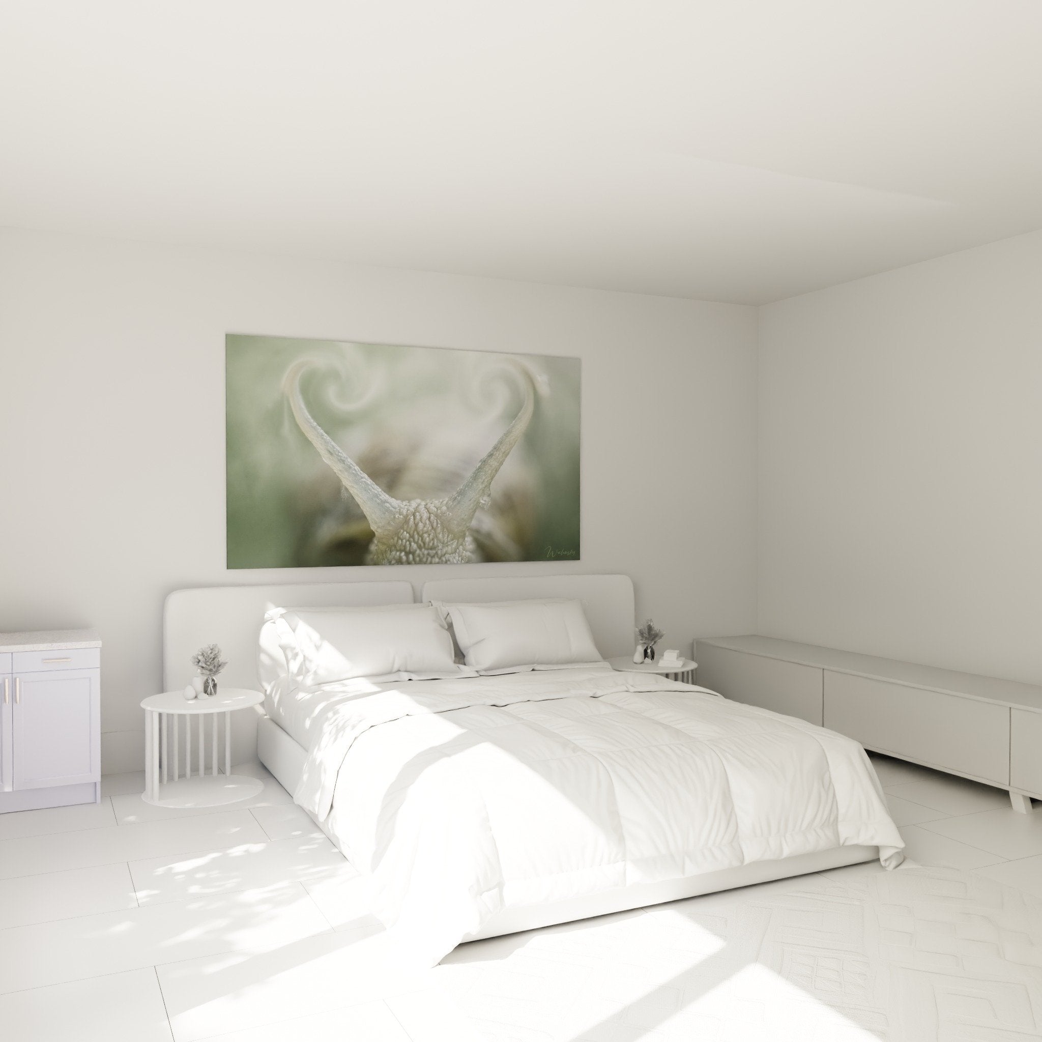 Schnecke mit kristallinen Tentakeln Wandbild im modernen Schlafzimmer, beruhigende Wanddekoration