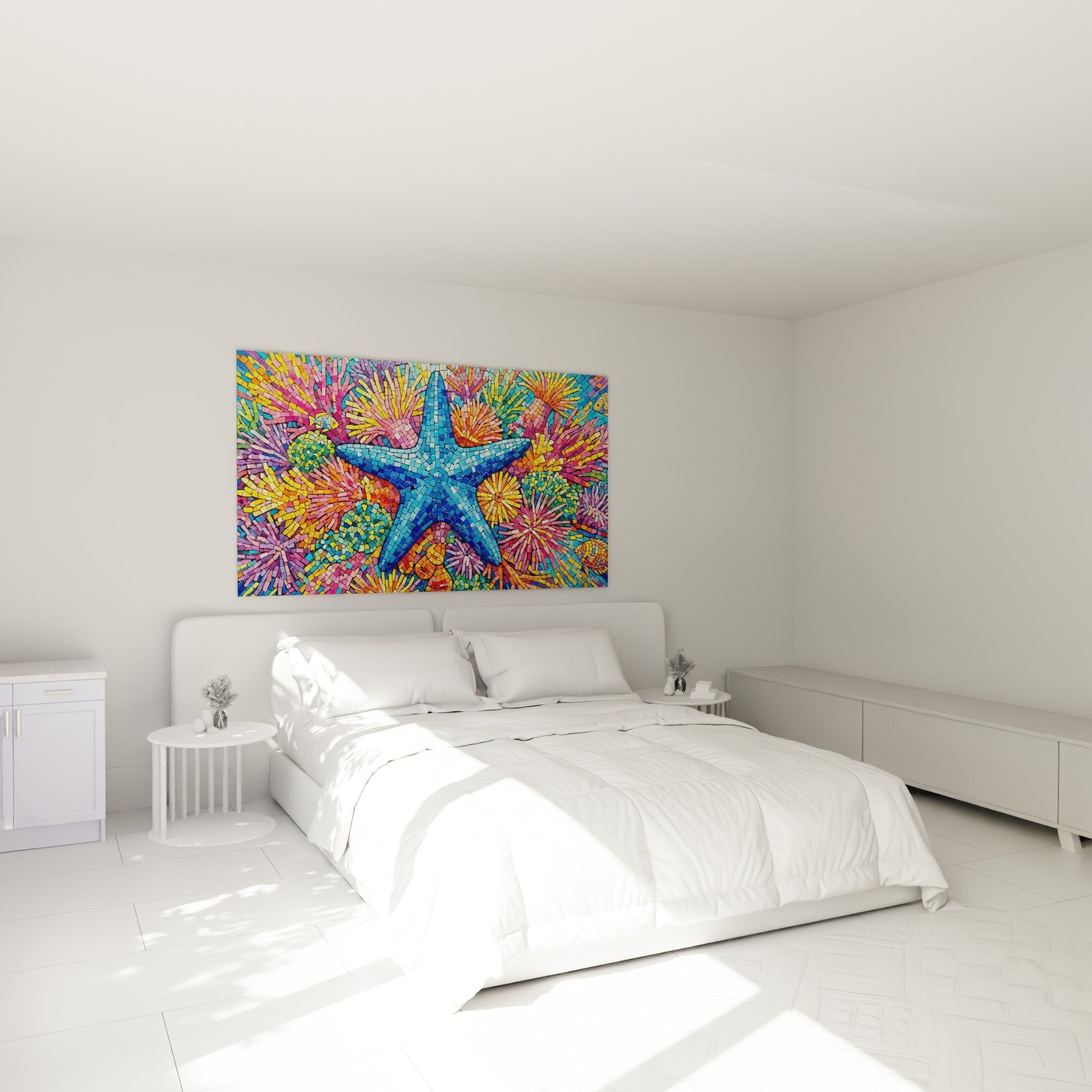 Schlafzimmerdekoration Seestern Mosaik Gemälde farbenfrohe maritime Atmosphäre beruhigende Wandgestaltung weiße Wand
