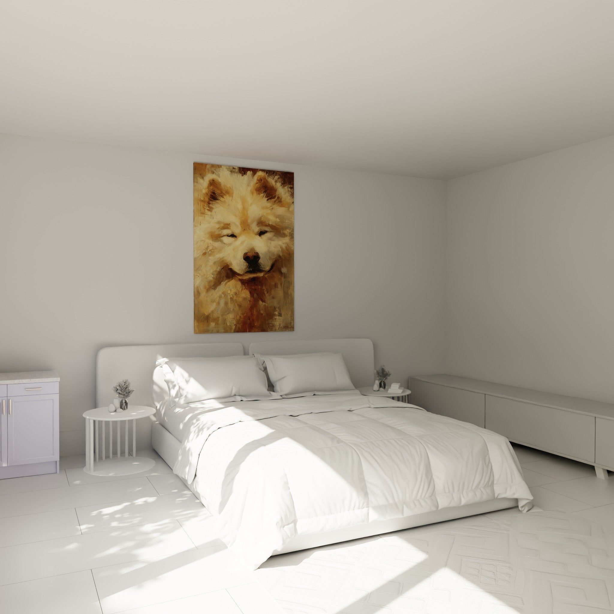 Eurasier Dog Painting Golden Tones in Cozy Bedroom Wall Decor Warm Canine Portrait Expressive Art
