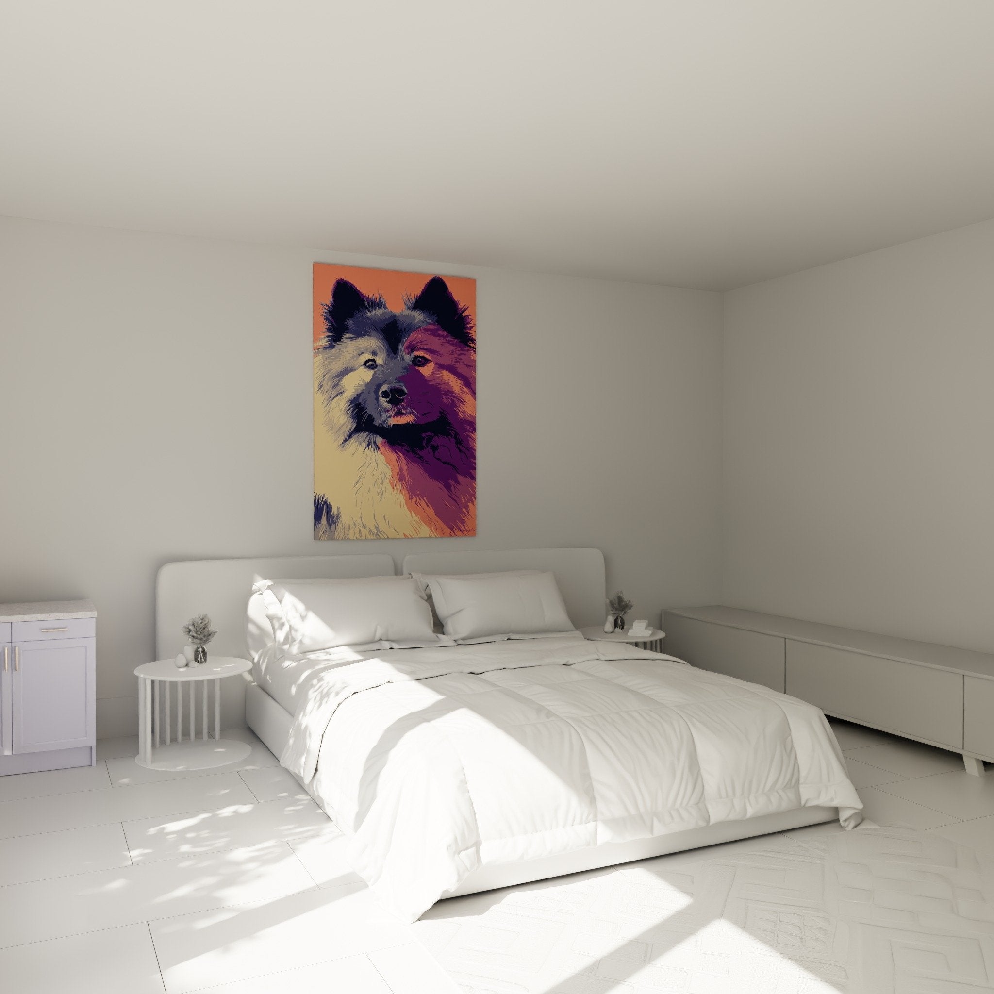 Farbiges Eurasier Gemälde violett orange aufgehängt modernes Schlafzimmer zeitgenössische Wanddekoration