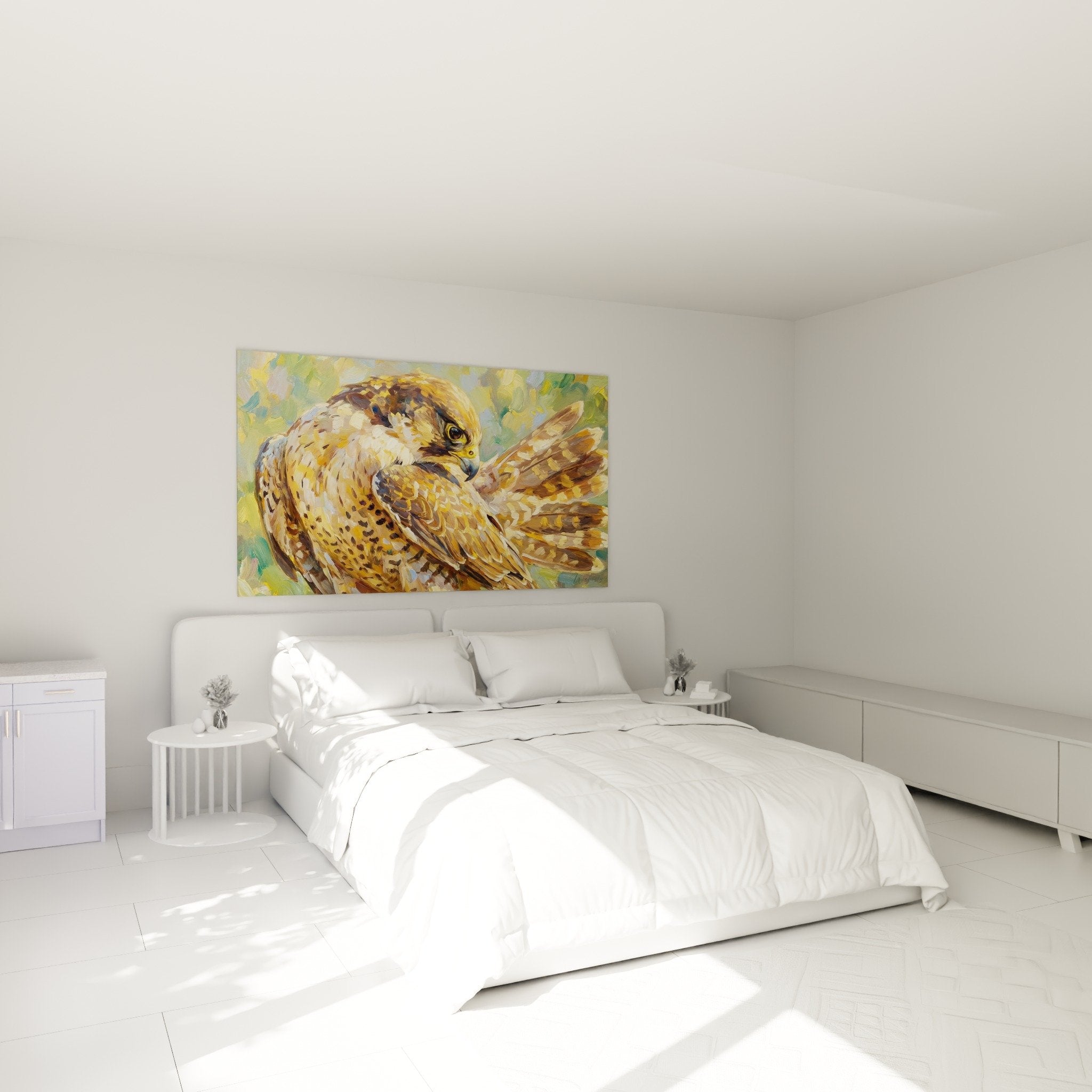 Schlafzimmerdekoration mit goldenem Falken-Kunstdruck, natürliche und warme Atmosphäre, Tierkunst