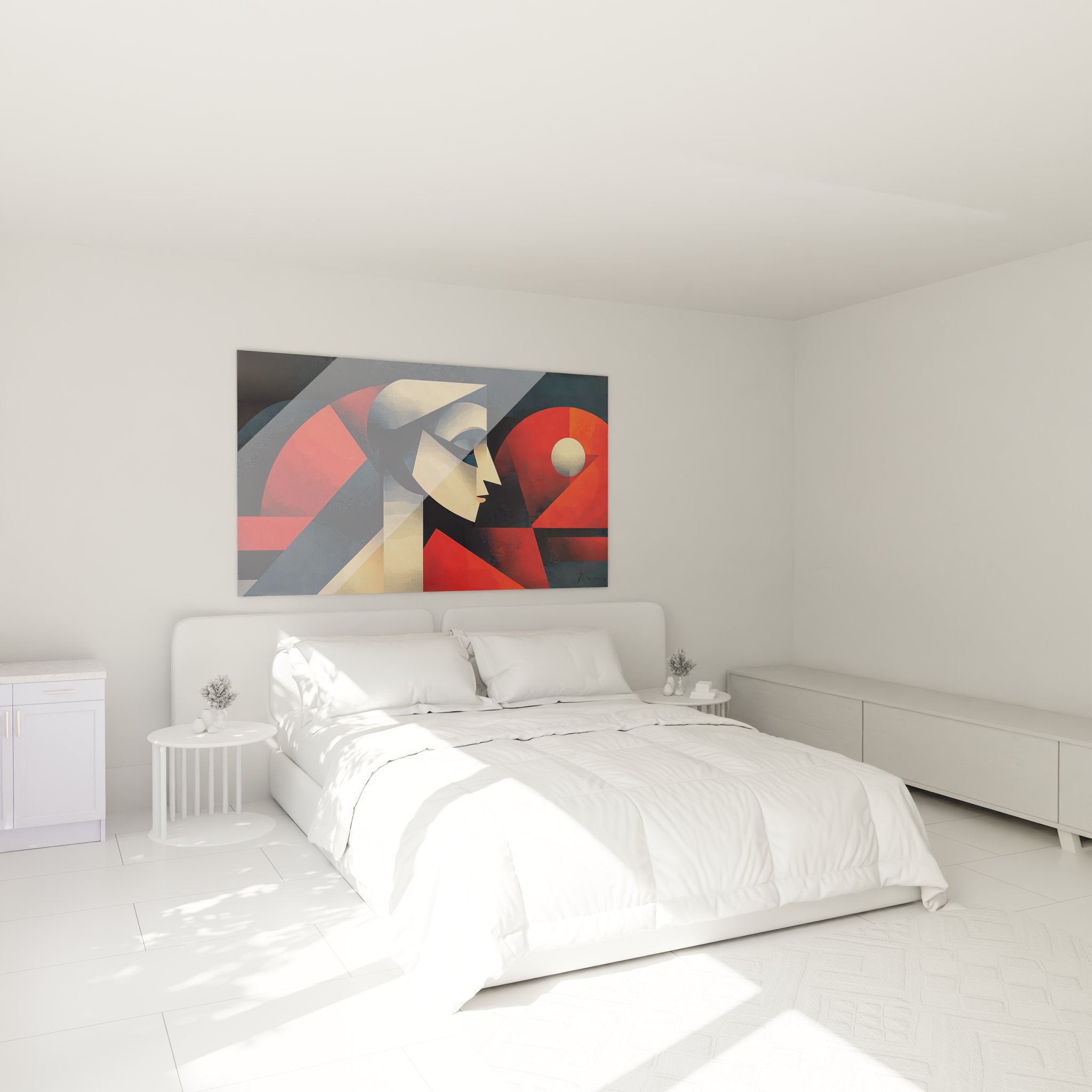 Décoration chambre avec tableau femme géométrique cubiste rouge ambiance contemporaine