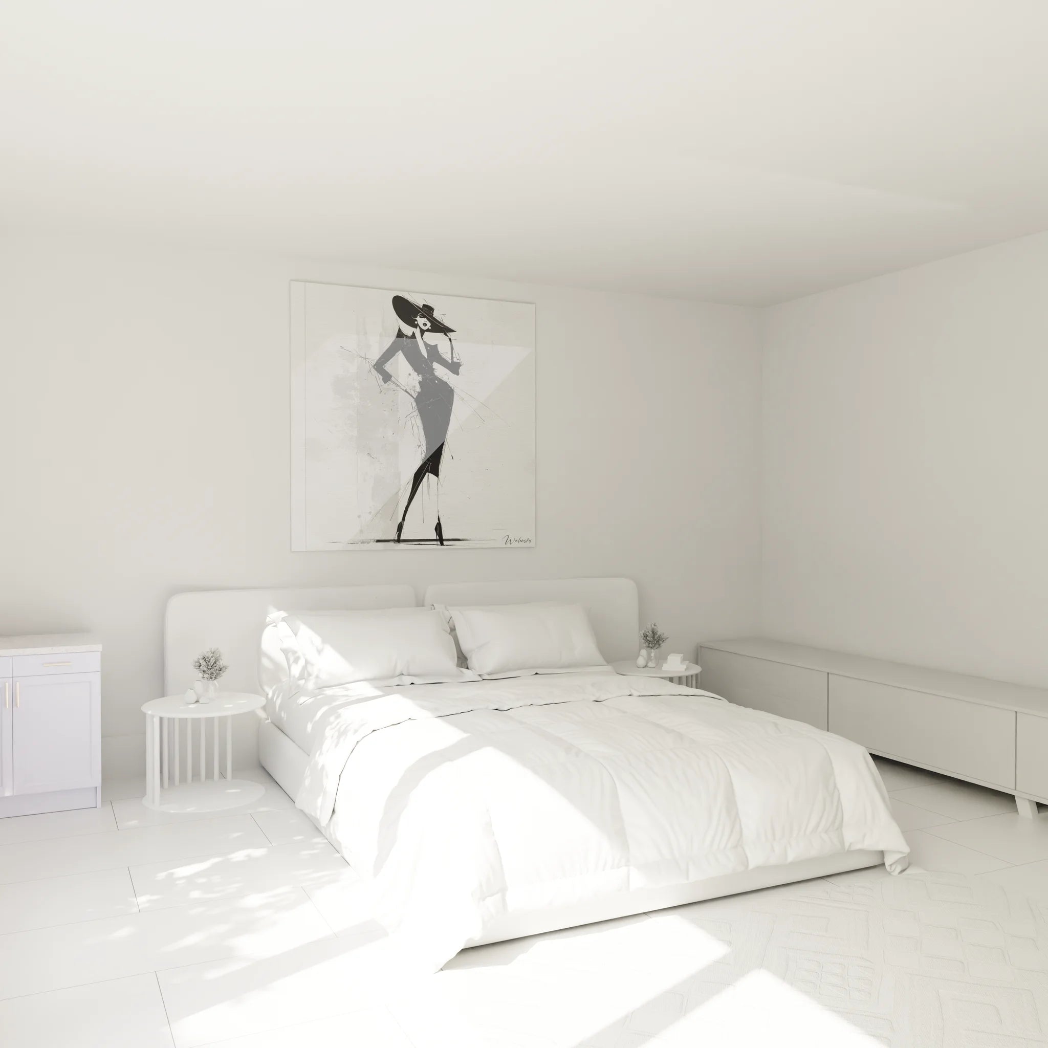 Décoration chambre tableau femme sophistiquée noir et blanc ambiance moderne élégante
