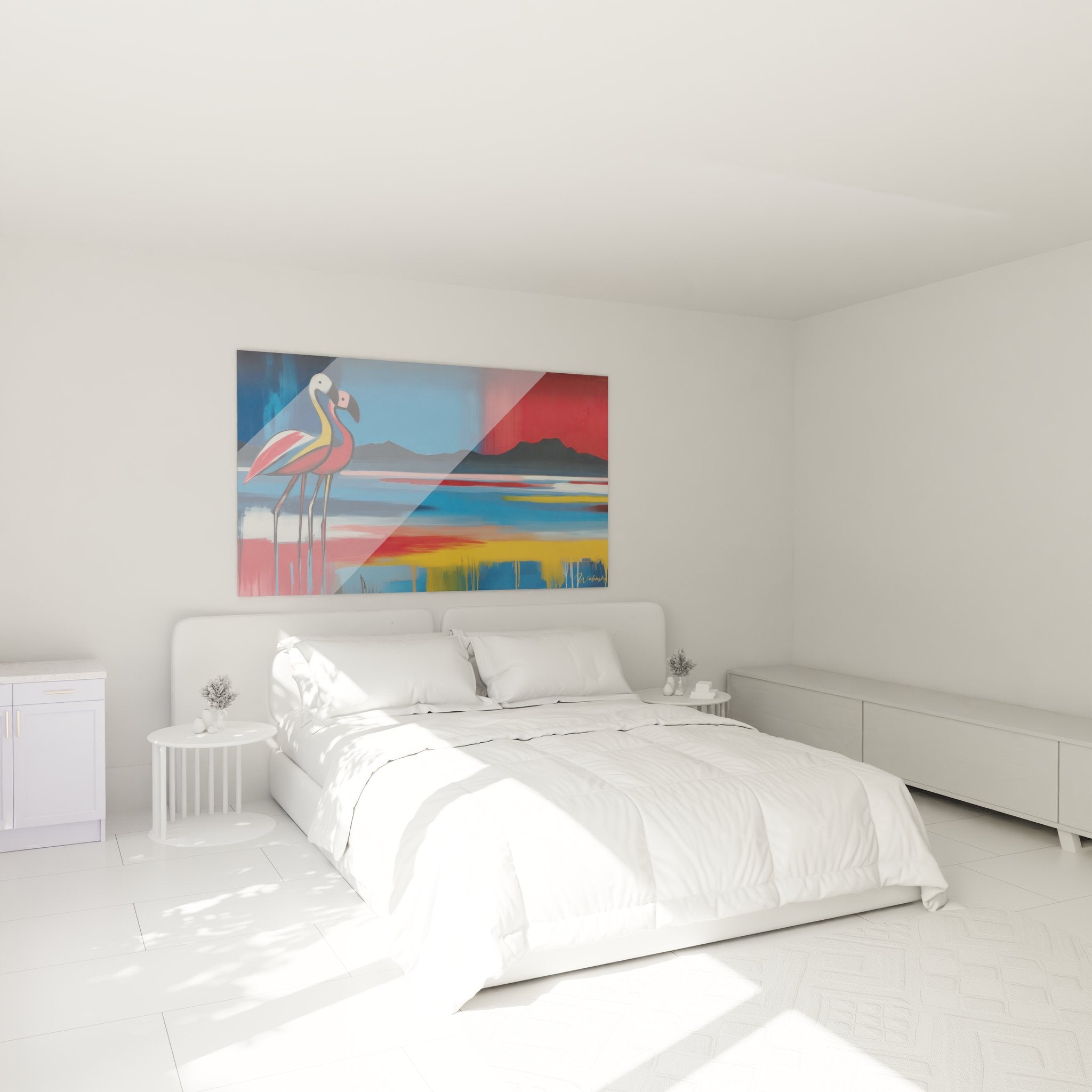 Décoration chambre avec tableau flamants roses modernes ambiance désert coucher soleil