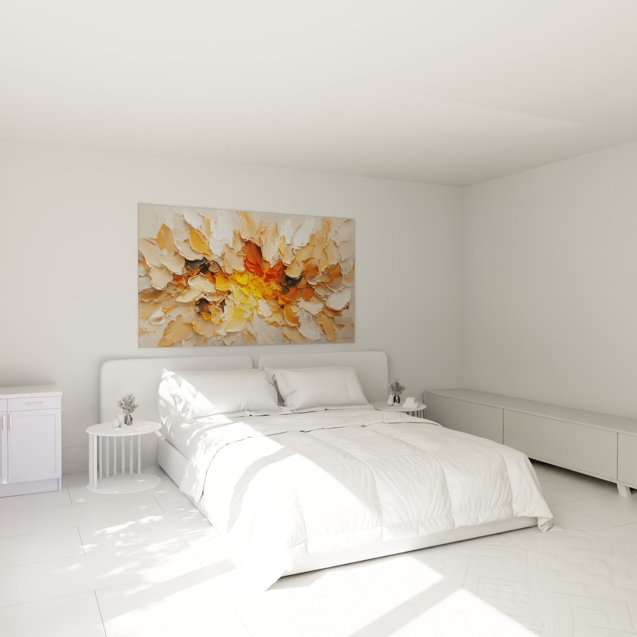 Wall decoration bedroom with orange abstract flower canvas warm tones cozy ambiance