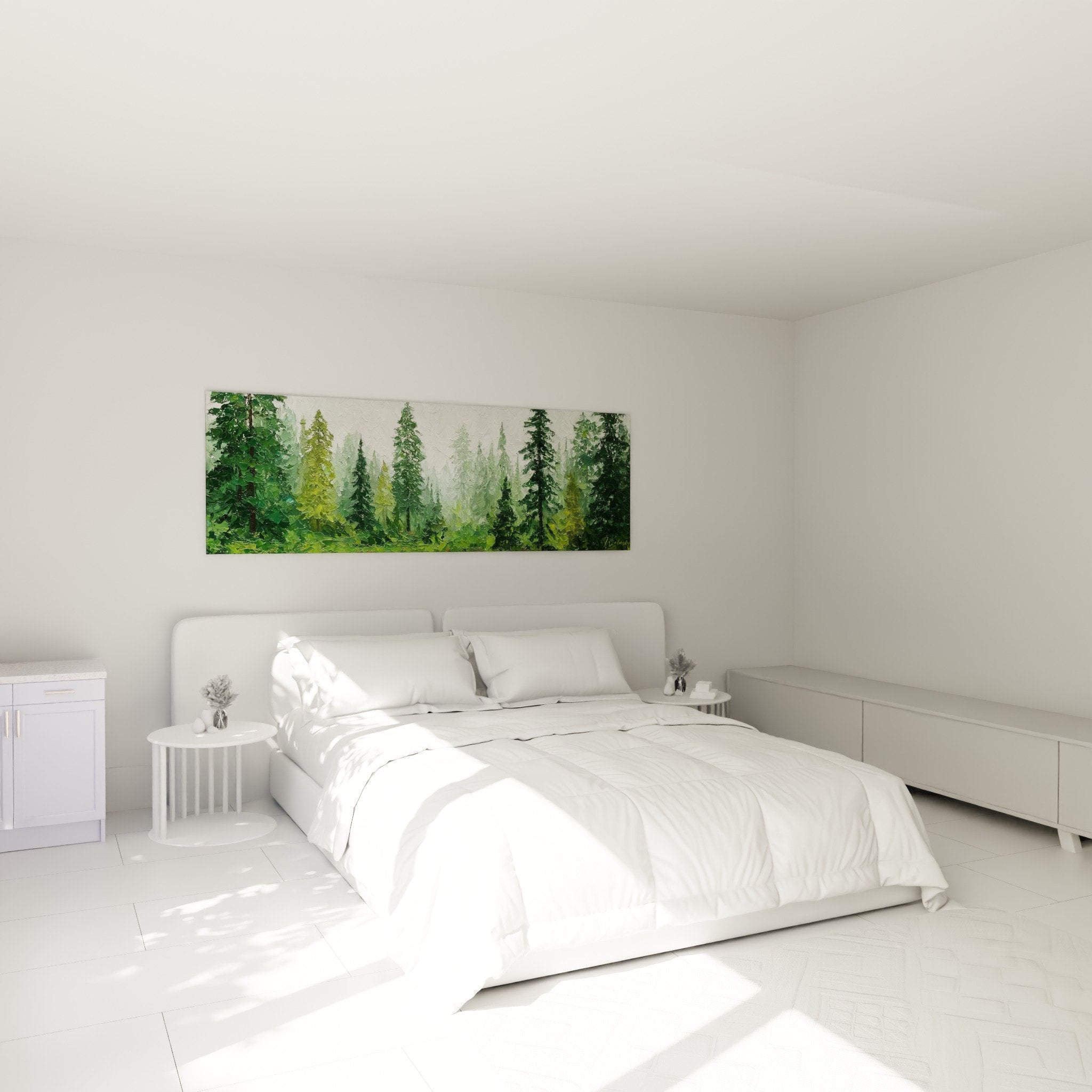 tableau foret verte chambre decoration murale zen coniferes brume atmosphere apaisante