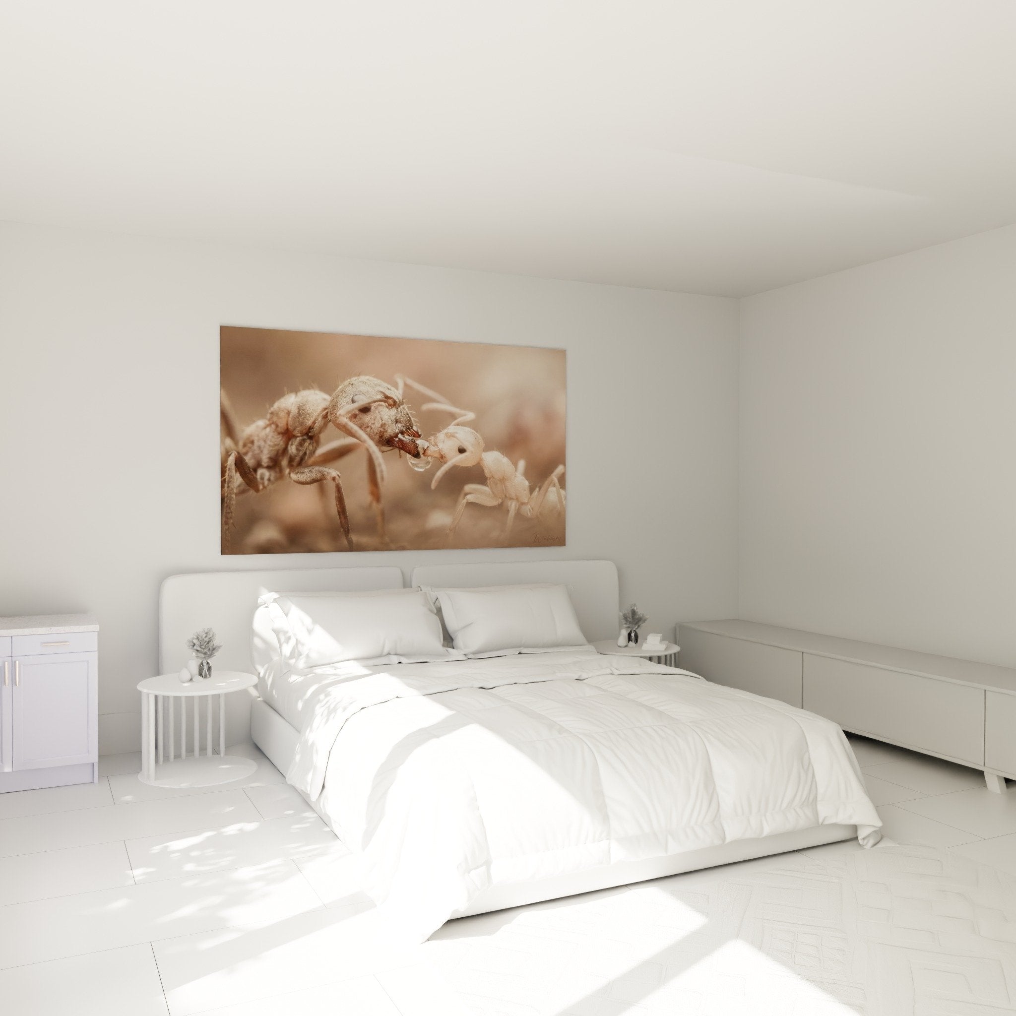 Ameisen-Makrofotografie in warmen Tönen, das Schlafzimmer mit beigen Wänden dekorierend, kontemplative natürliche Atmosphäre