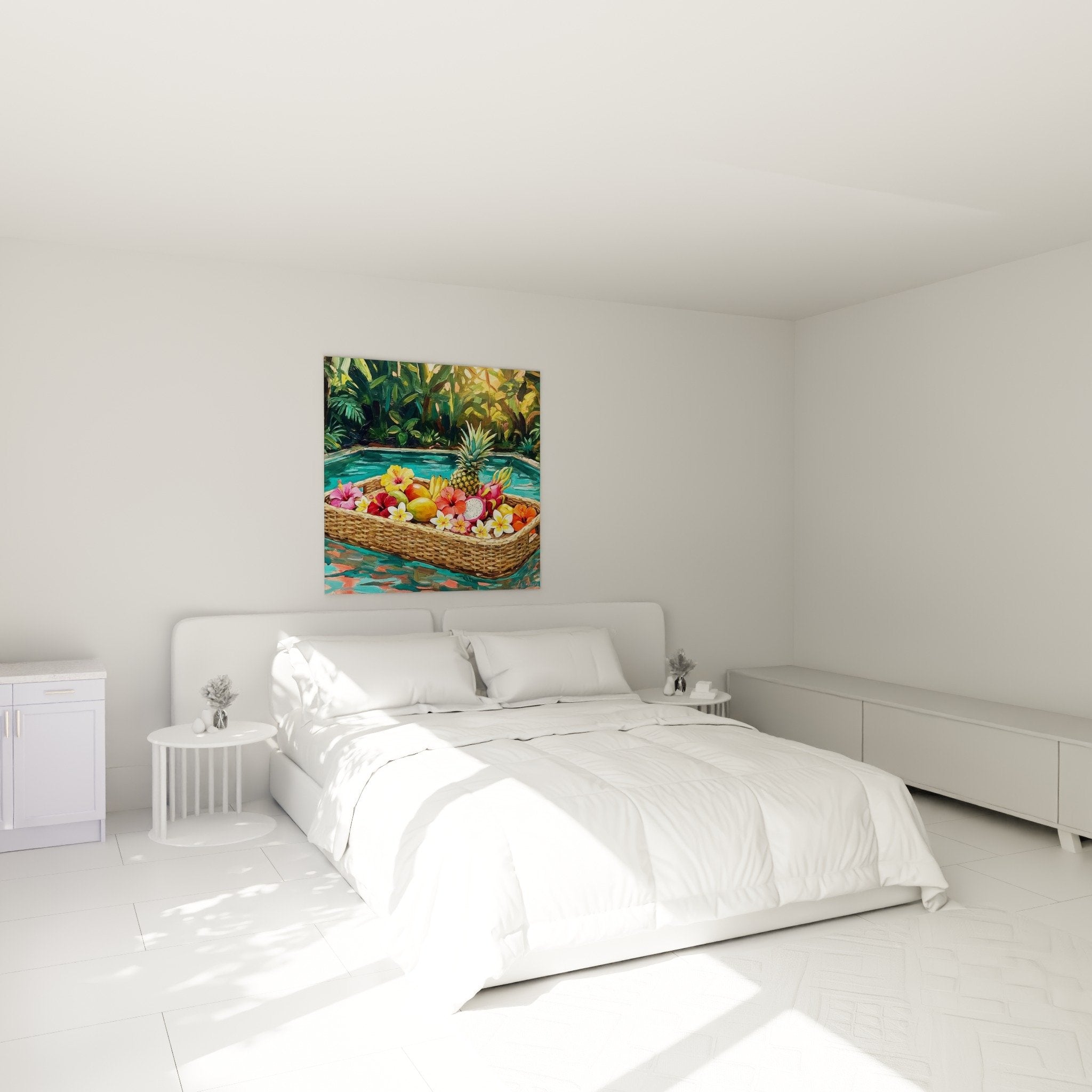 Decoration murale chambre tableau fruits tropicaux hibiscus roses oranges sur fond turquoise ambiance Bali