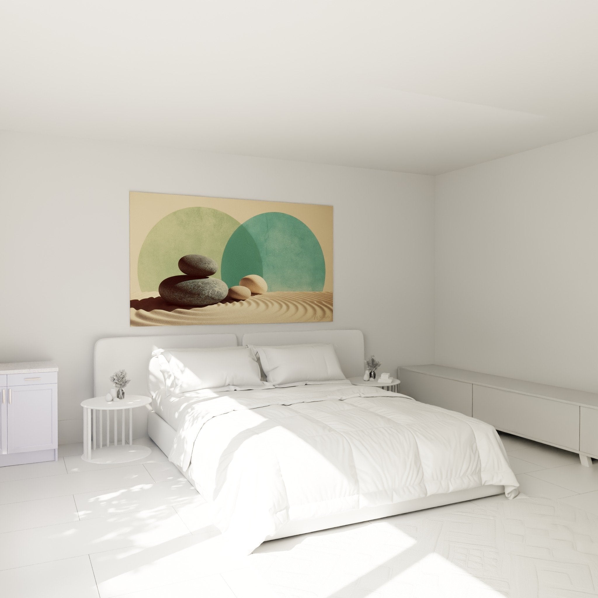Décoration chambre tableau zen galets sable ambiance relaxante mur tête de lit