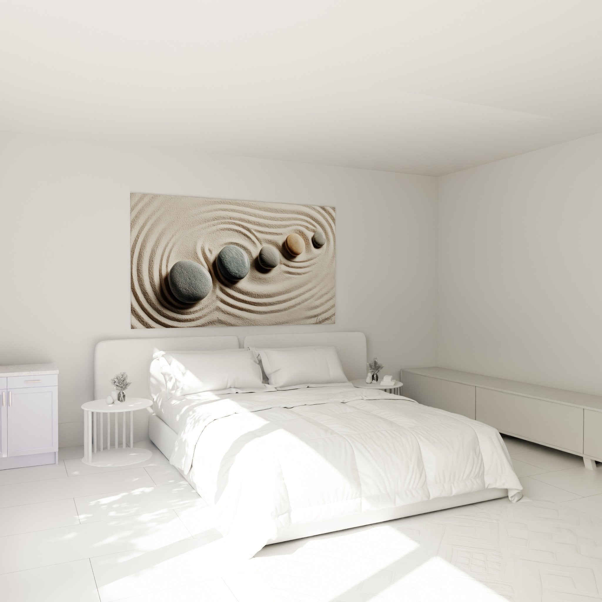 Déco chambre avec tableau galets zen sur sable, ambiance sereine et apaisante au-dessus du lit