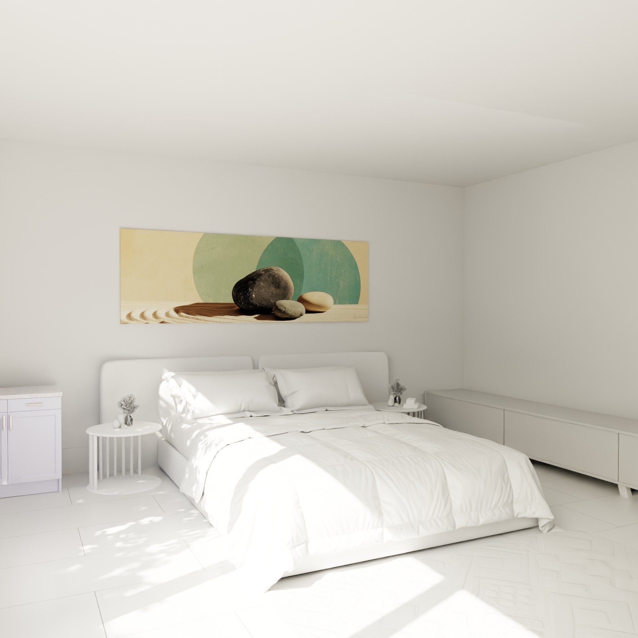 Décoration chambre tableau zen galets sable, ambiance sereine au-dessus tête de lit, style minimaliste apaisant