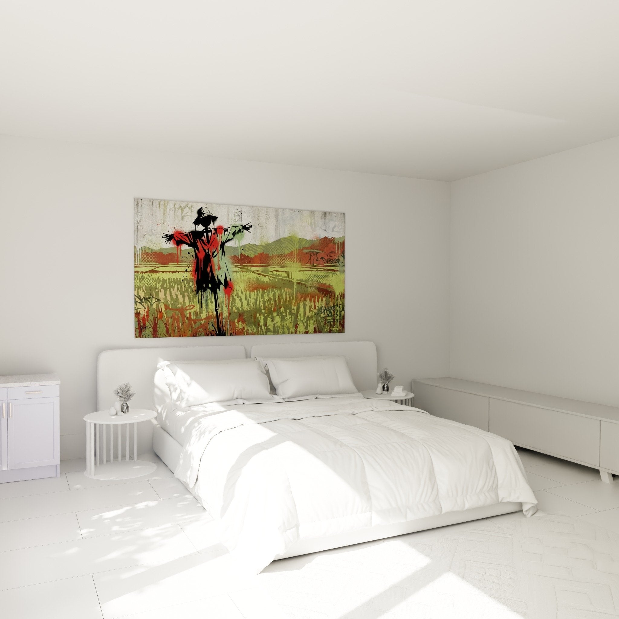 Tableau gardien des rizières avec épouvantail exposé dans chambre moderne aux murs clairs
