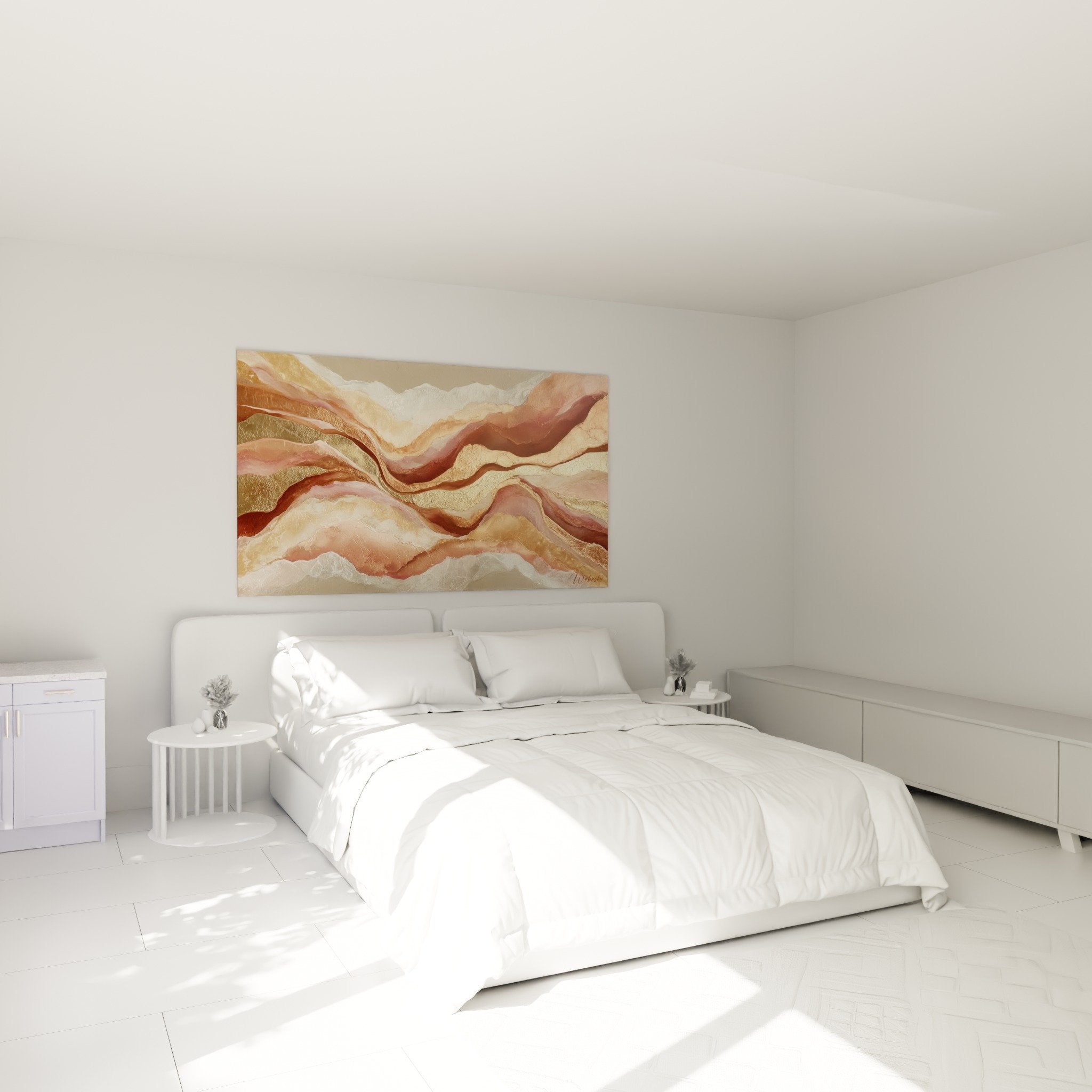 Décoration chambre tableau géologique couleurs chaudes cuivrées ocre ambiance cocooning feng shui
