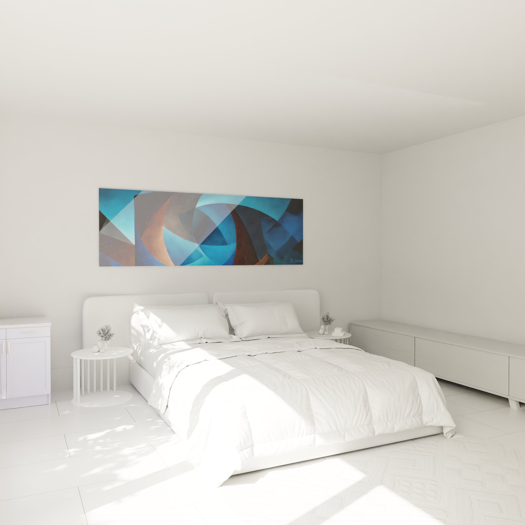 Décoration chambre tableau géométrique abstrait courbes bleues ambiance moderne élégante