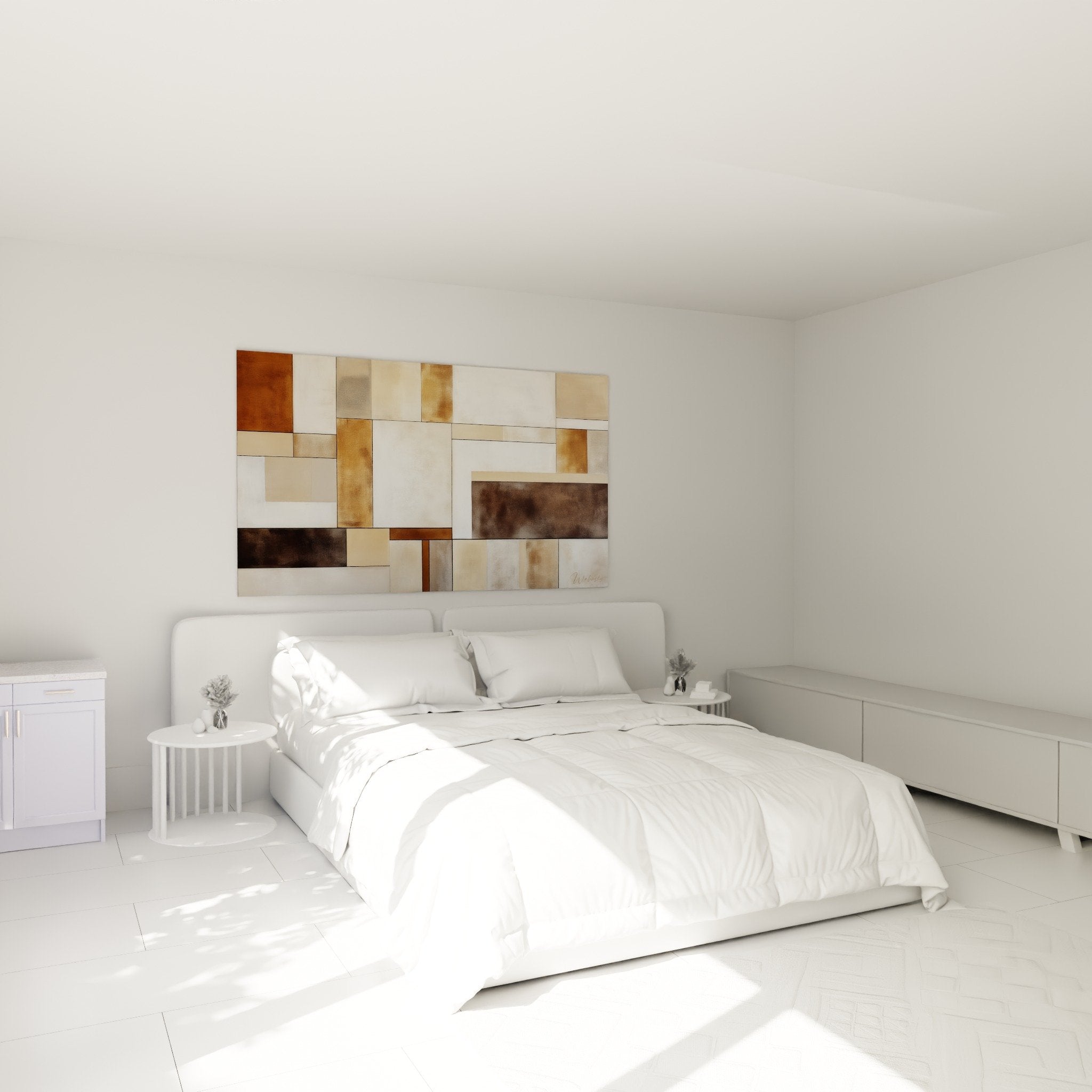 Décoration murale chambre tableau géométrique tons terreux beige brun ambiance zen