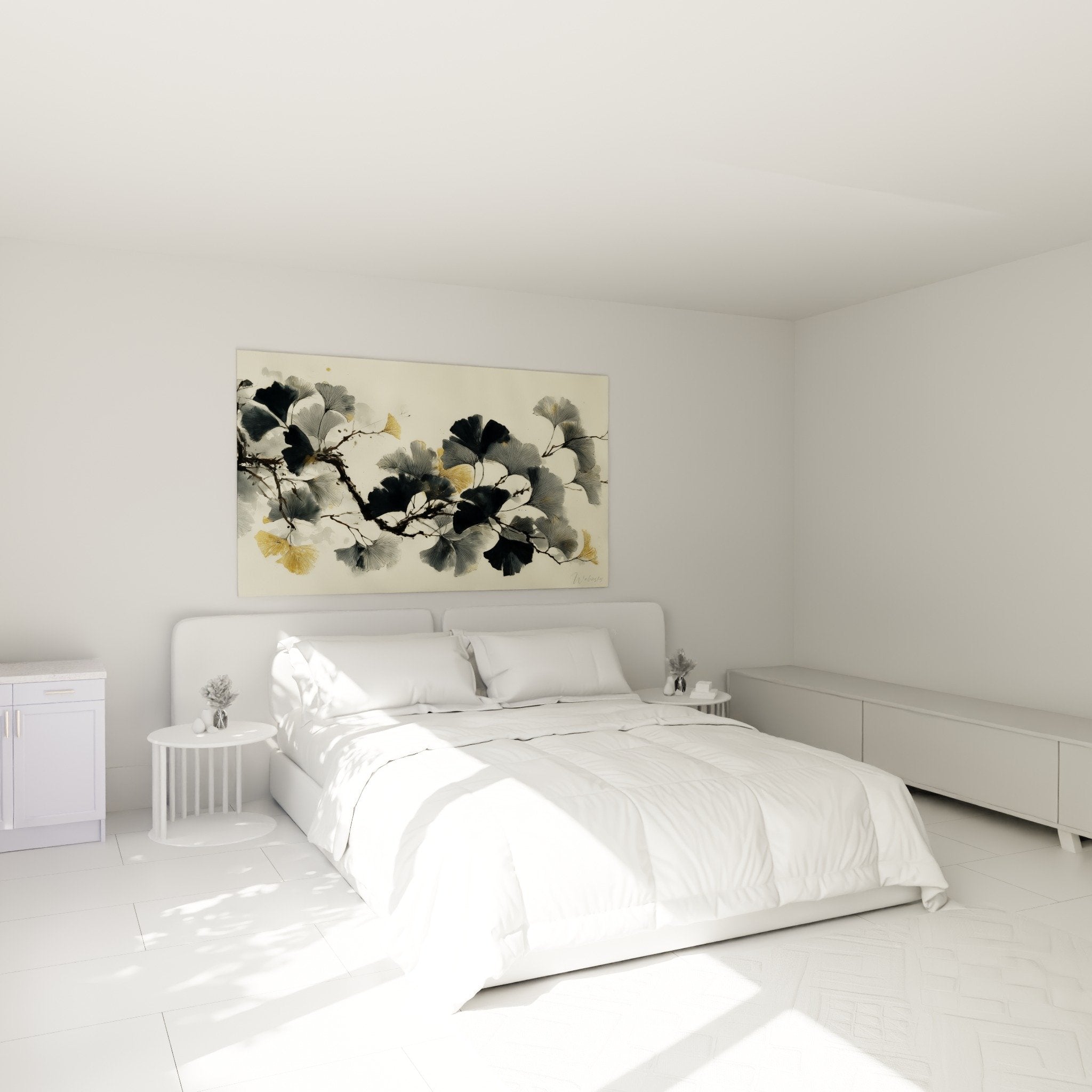 Tableau ginkgo aquarelle gris doré décorant chambre moderne mur blanc ambiance zen naturelle élégante