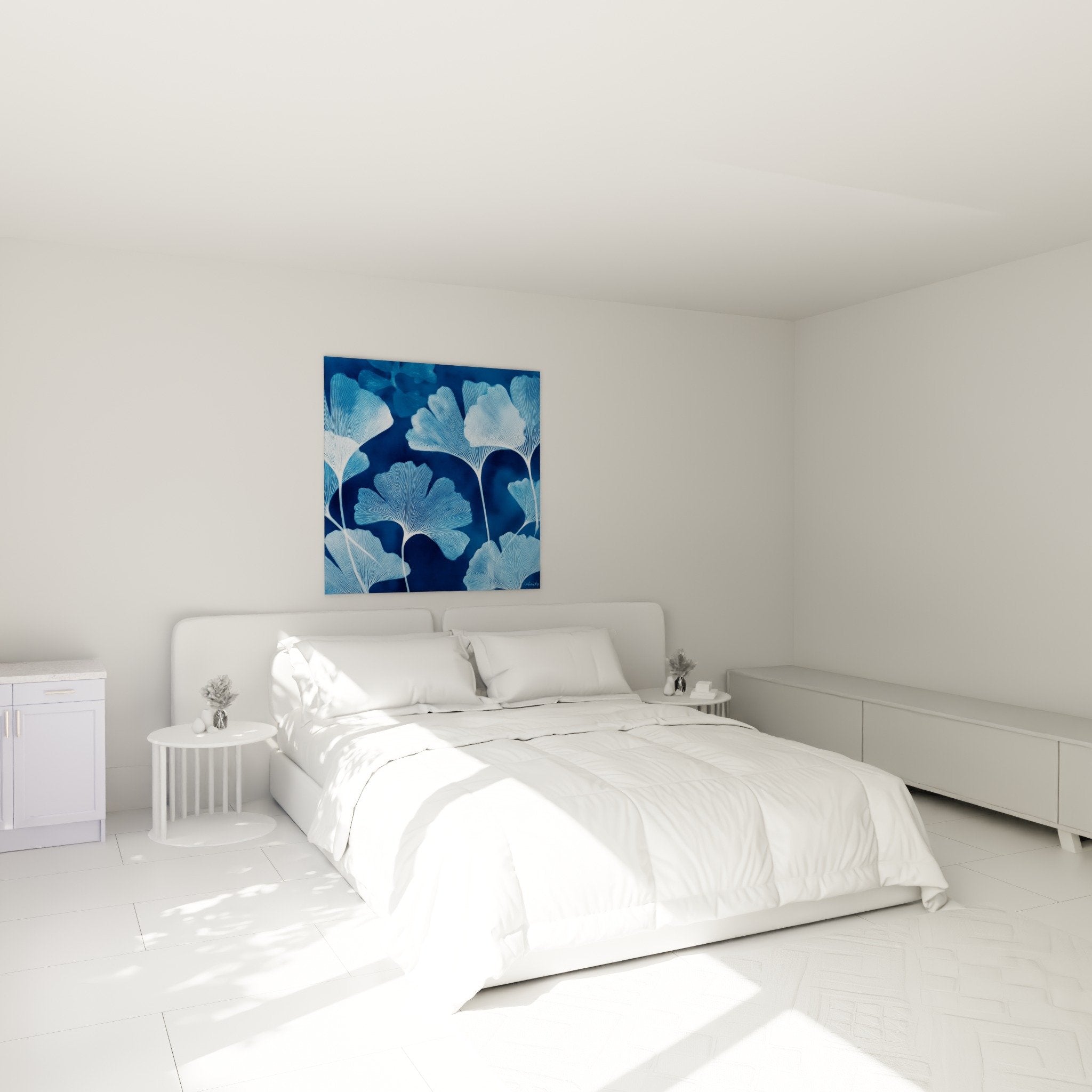 Tableau ginkgo bleu cyan dans chambre moderne mur blanc decoration zen botanique apaisante