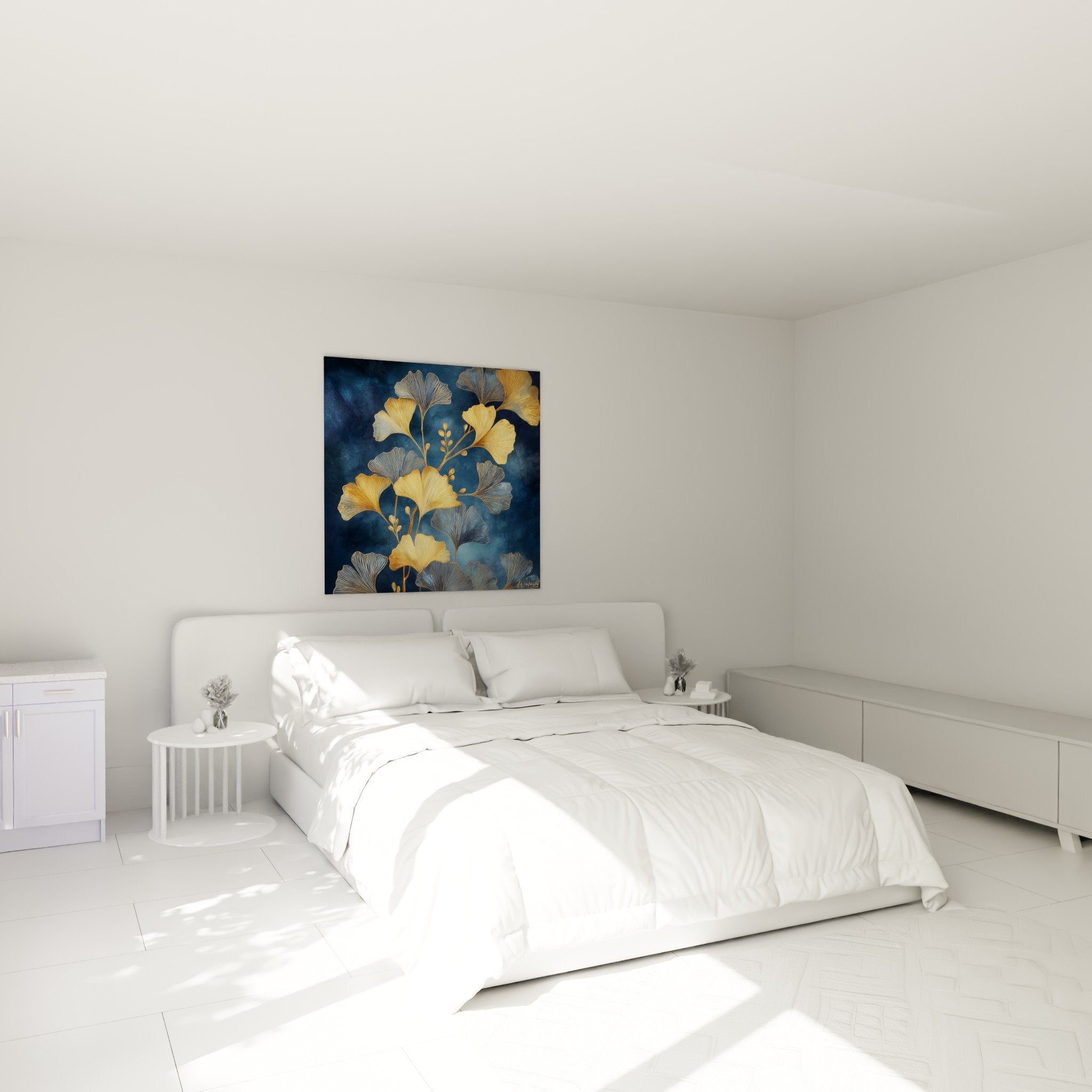 Décoration chambre avec tableau ginkgo doré bleu, ambiance zen et élégante pour espace de repos