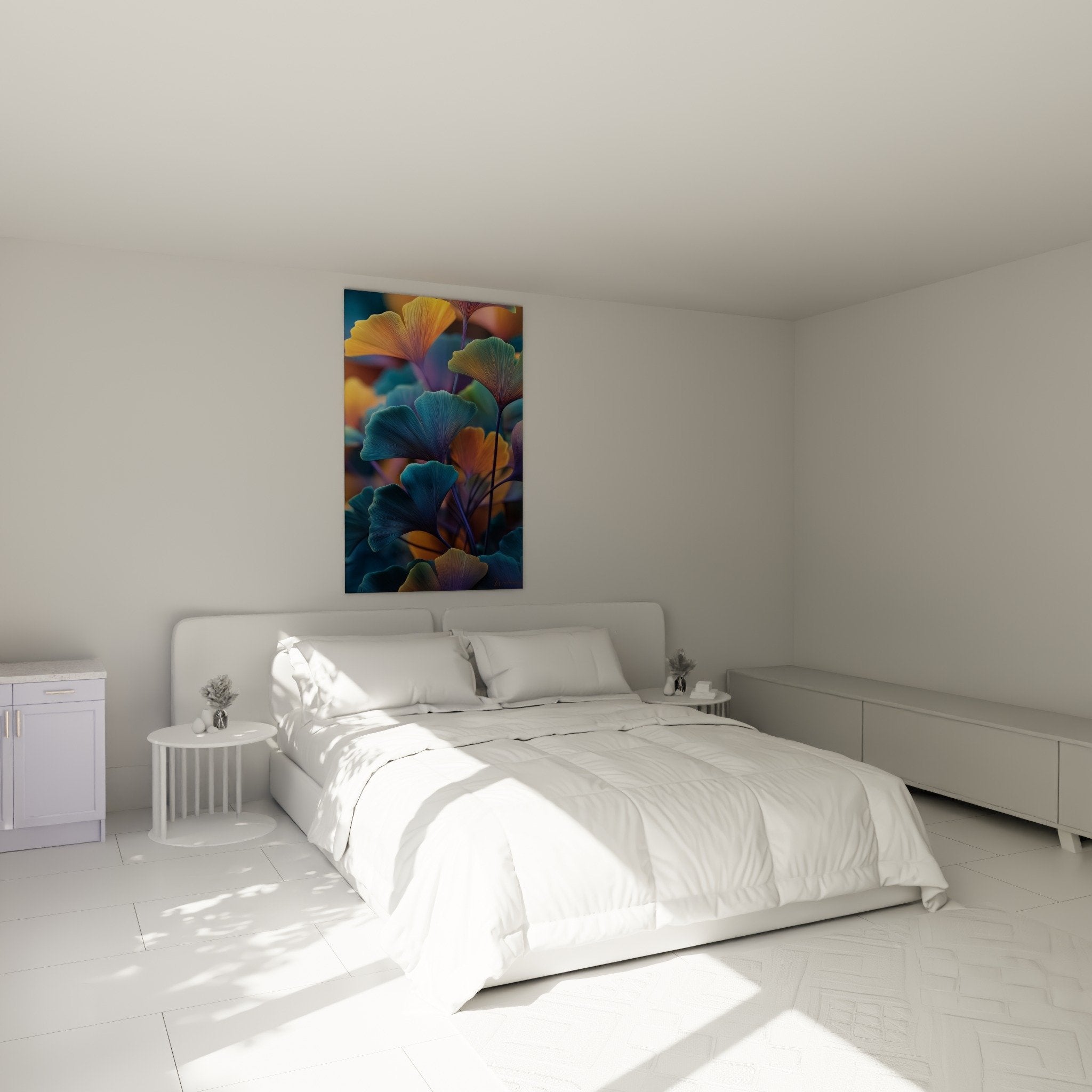 Mehrfarbiges Ginkgo-Gemälde in modernem Schlafzimmer, Wanddekoration in Türkis und Gold, Zen-Stil