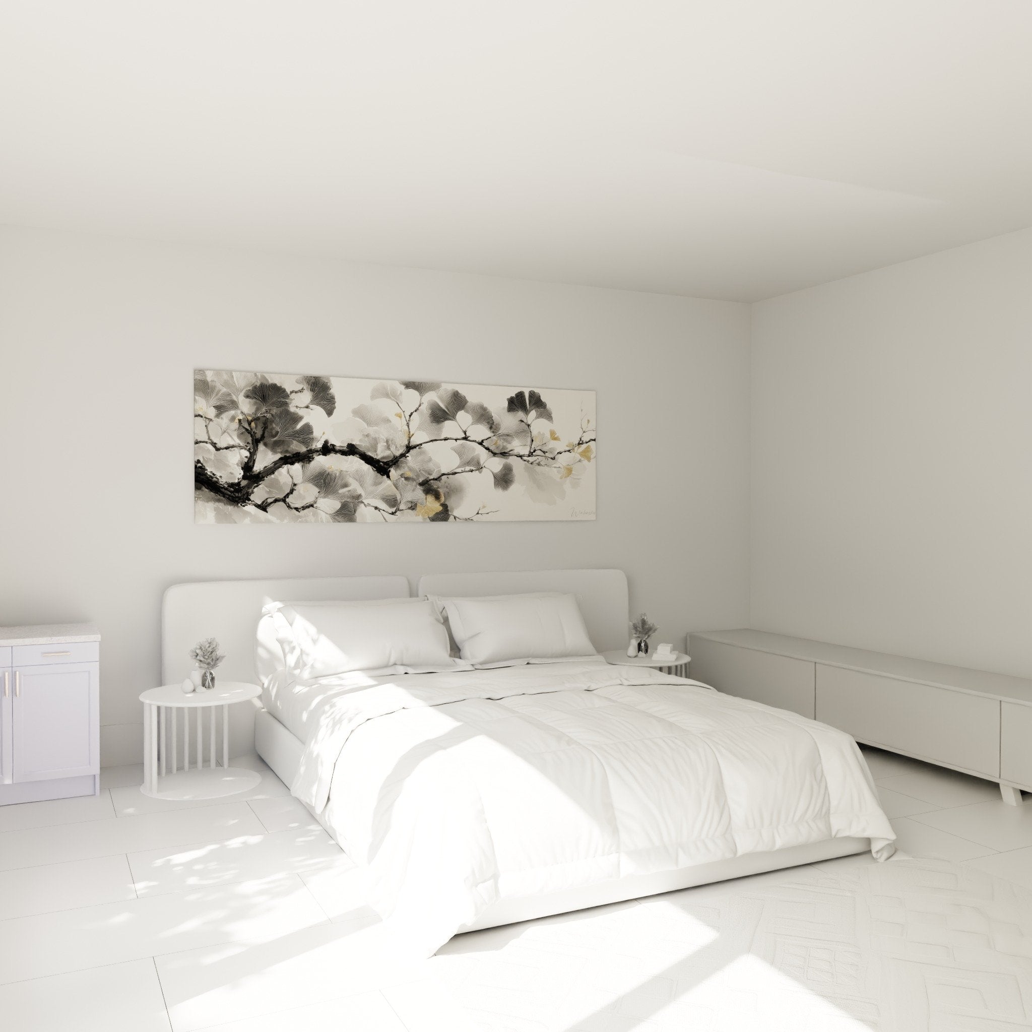 Décoration chambre tableau ginkgo noir gris dessus de lit ambiance zen moderne