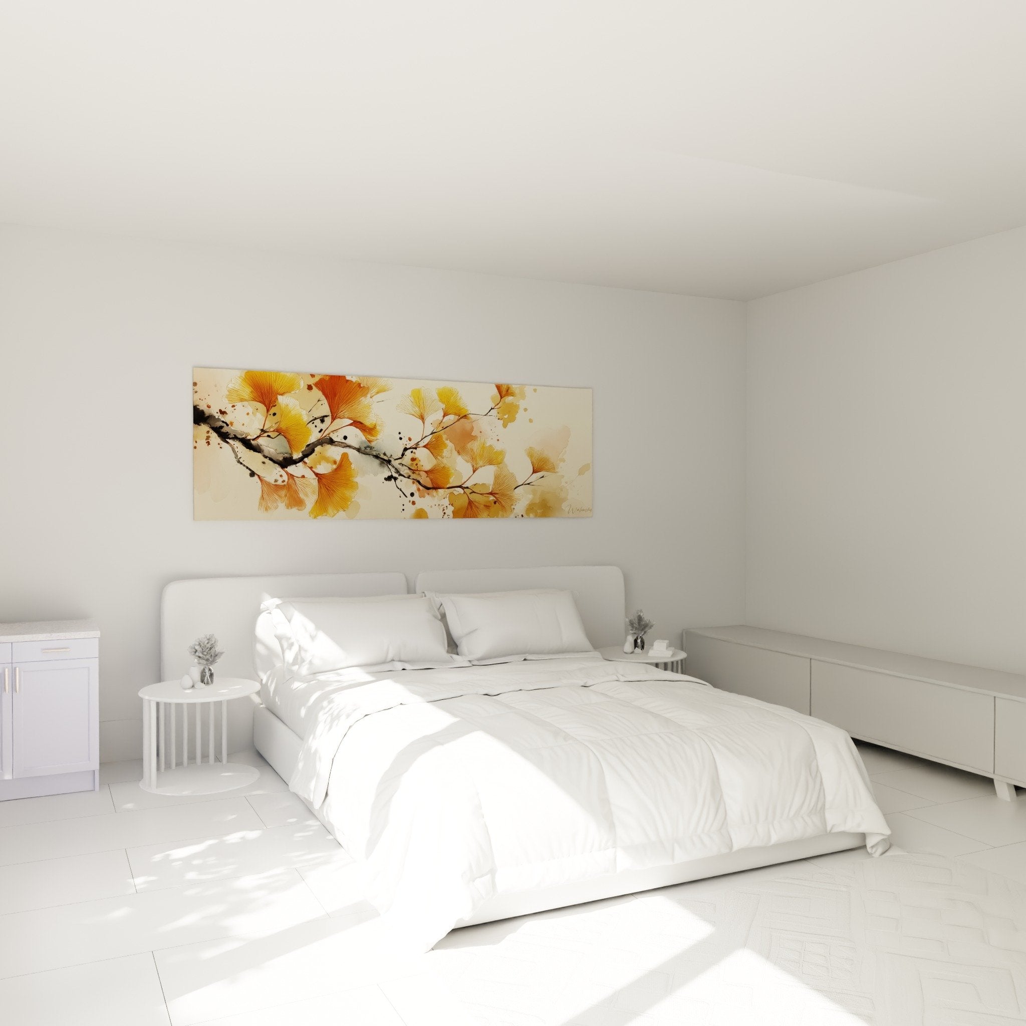 Tableau ginkgo dore dans chambre zen mur blanc mobilier bois naturel decoration automnale apaisante