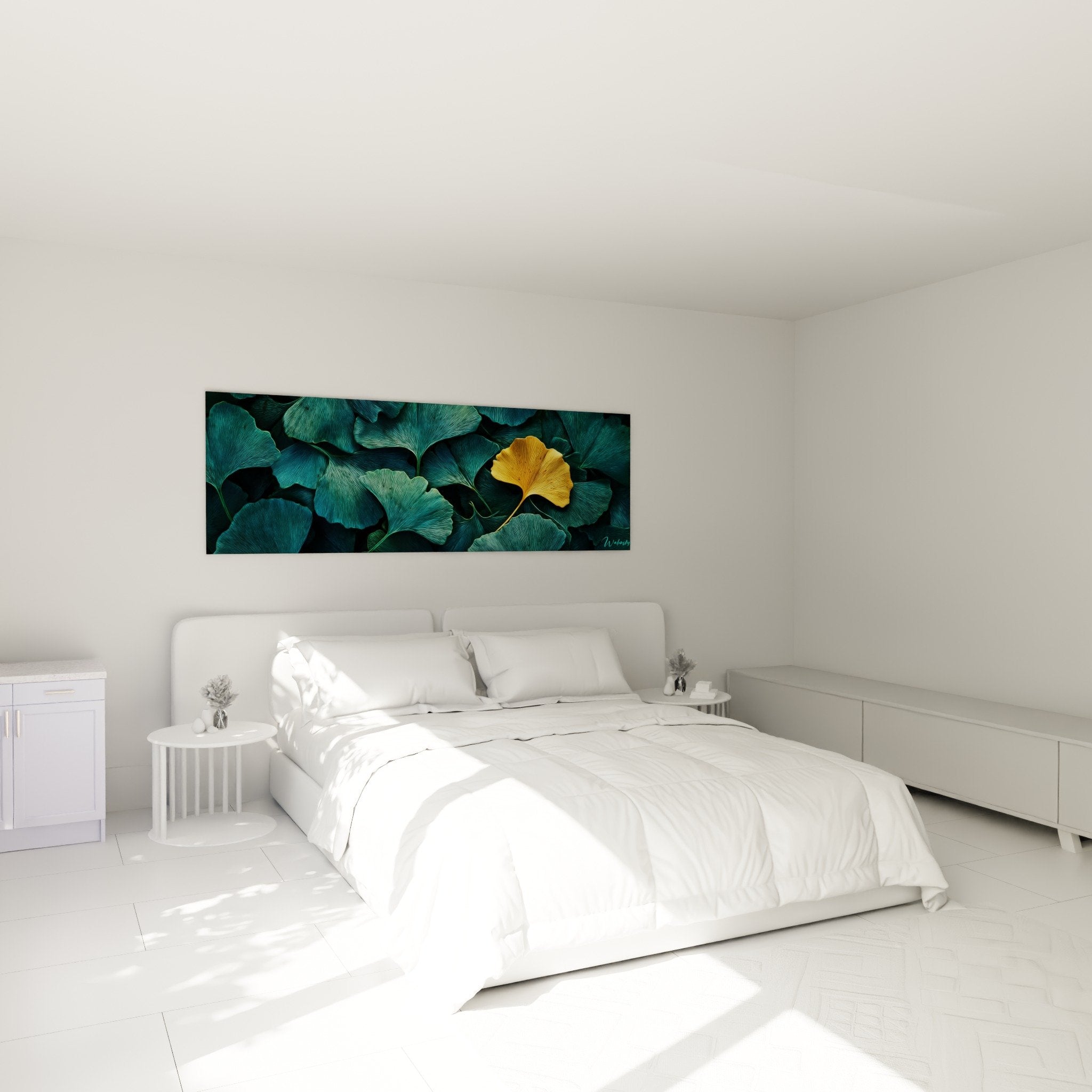 Tableau ginkgo turquoise et or installe au dessus lit chambre moderne decoration murale zen