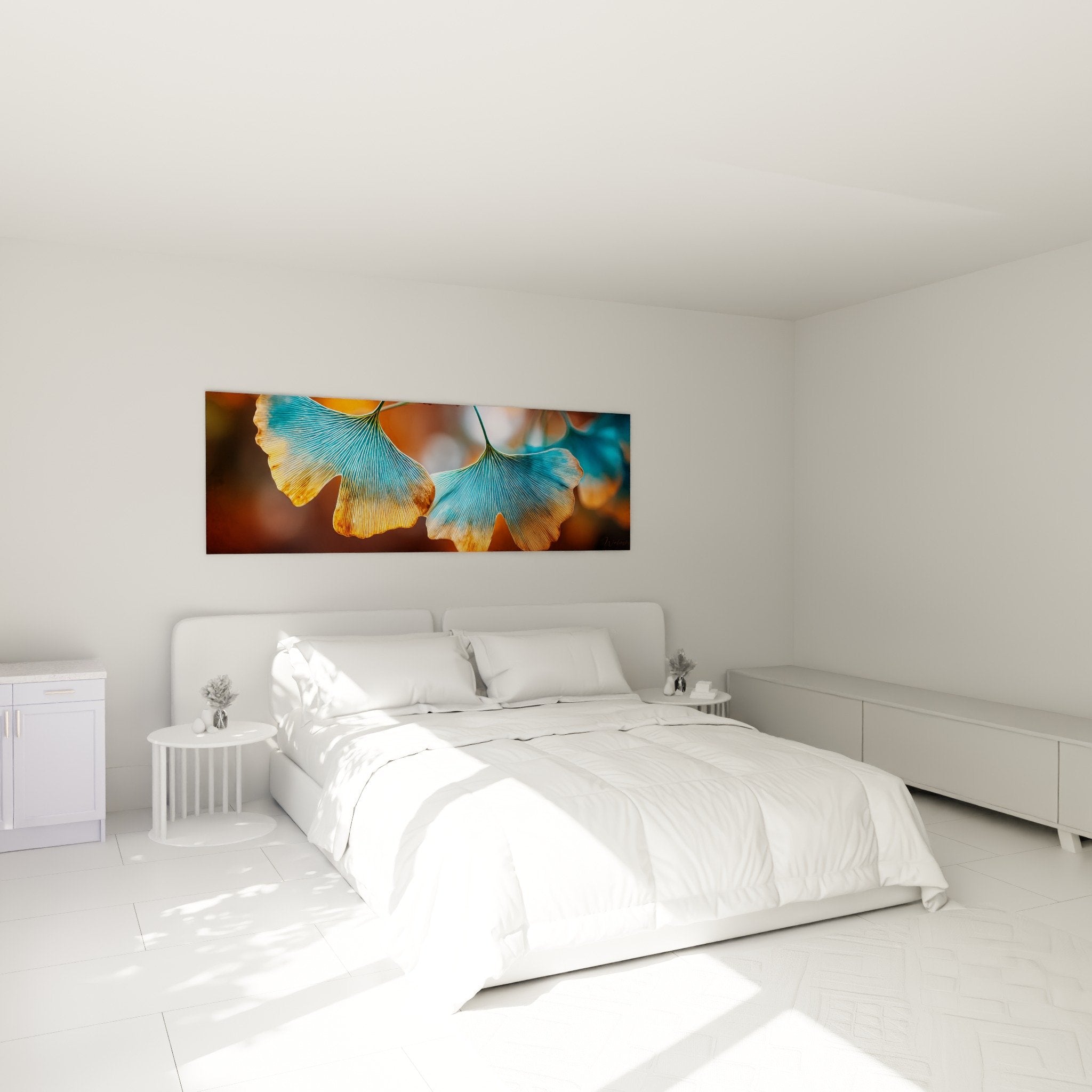 Déco chambre tableau ginkgo turquoise orange au-dessus lit ambiance zen nature moderne style contemporain apaisant