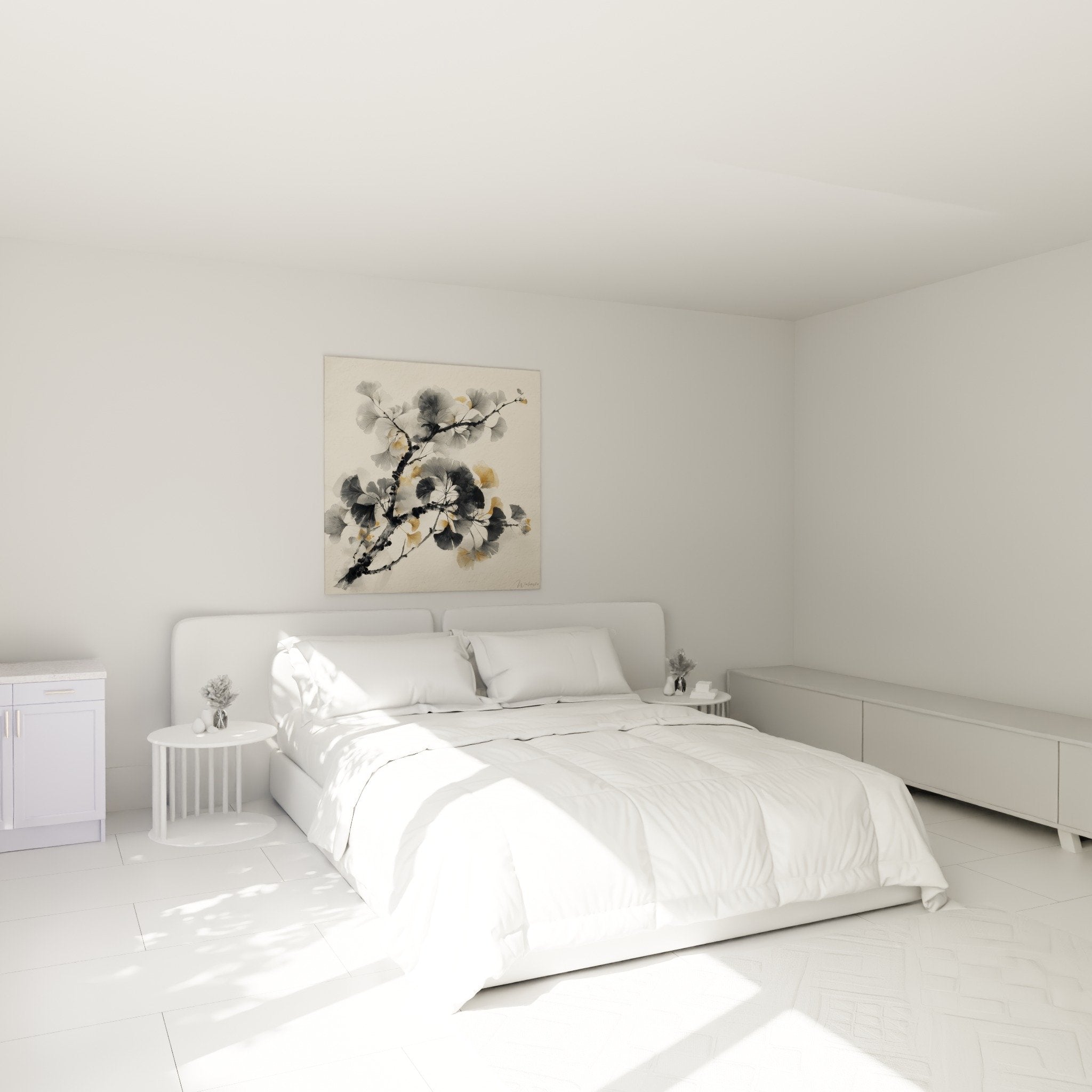Decoration chambre avec tableau ginkgo branches grises dorees ambiance zen epuree mur beige lit moderne