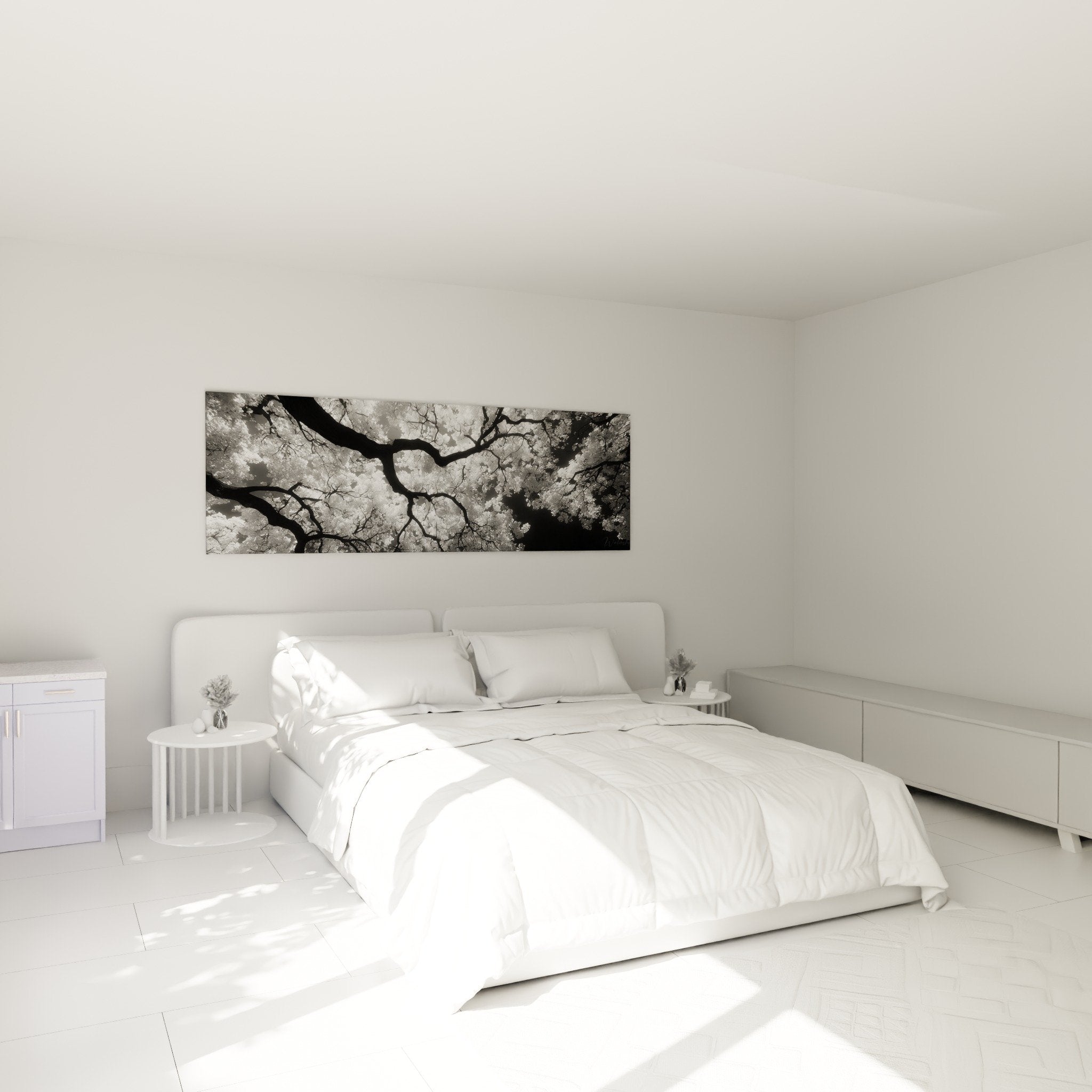 Décoration chambre avec tableau ginkgo noir blanc au-dessus du lit, ambiance zen et apaisante, format panoramique