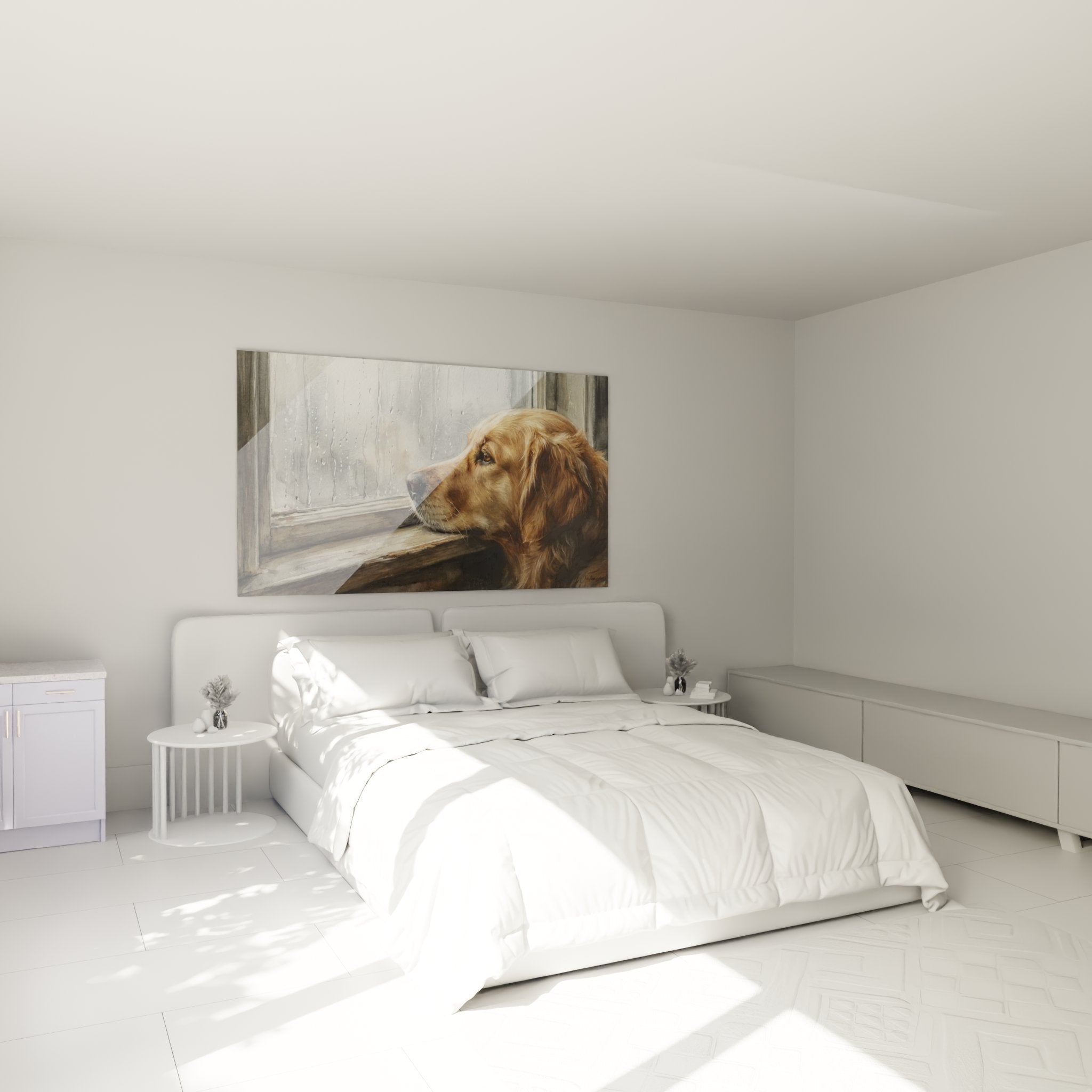 Schlafzimmer-Dekoration mit Golden-Retriever-Gemälde am Fenster, gemütliche und beruhigende Atmosphäre