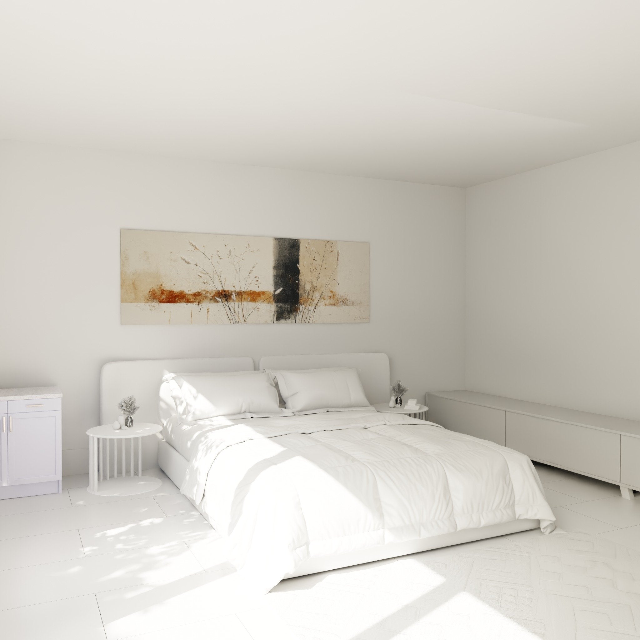 Ambiance chambre avec tableau graminées abstrait tons beiges au-dessus du lit, décoration zen et apaisante