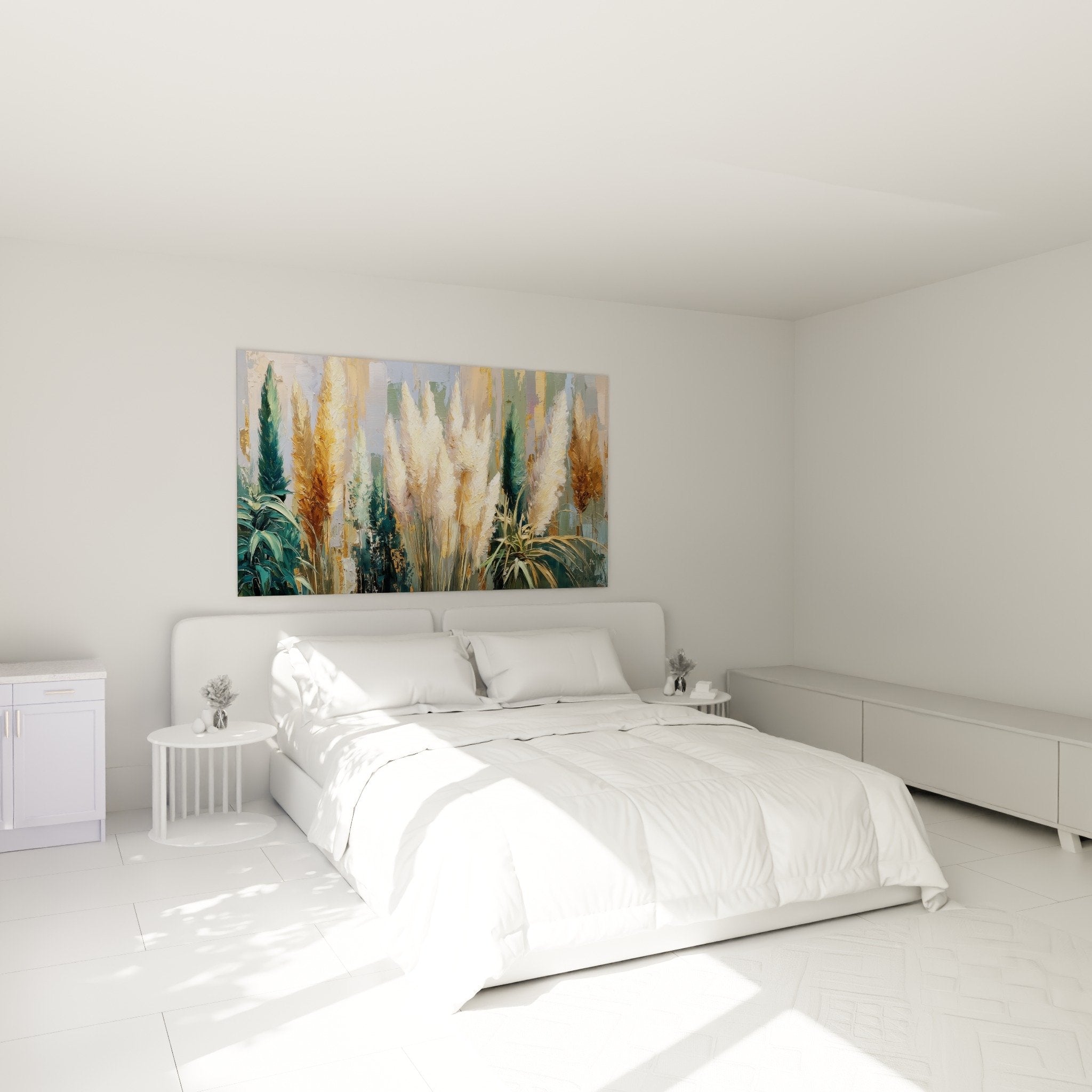 Tableau mural graminées dorées dans chambre moderne ambiance zen et naturelle