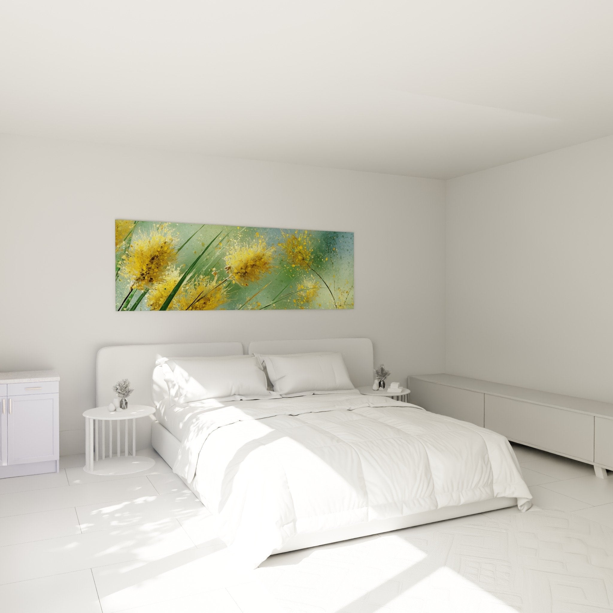 Tableau graminées dorées décorant chambre moderne avec murs clairs et mobilier naturel ambiance zen