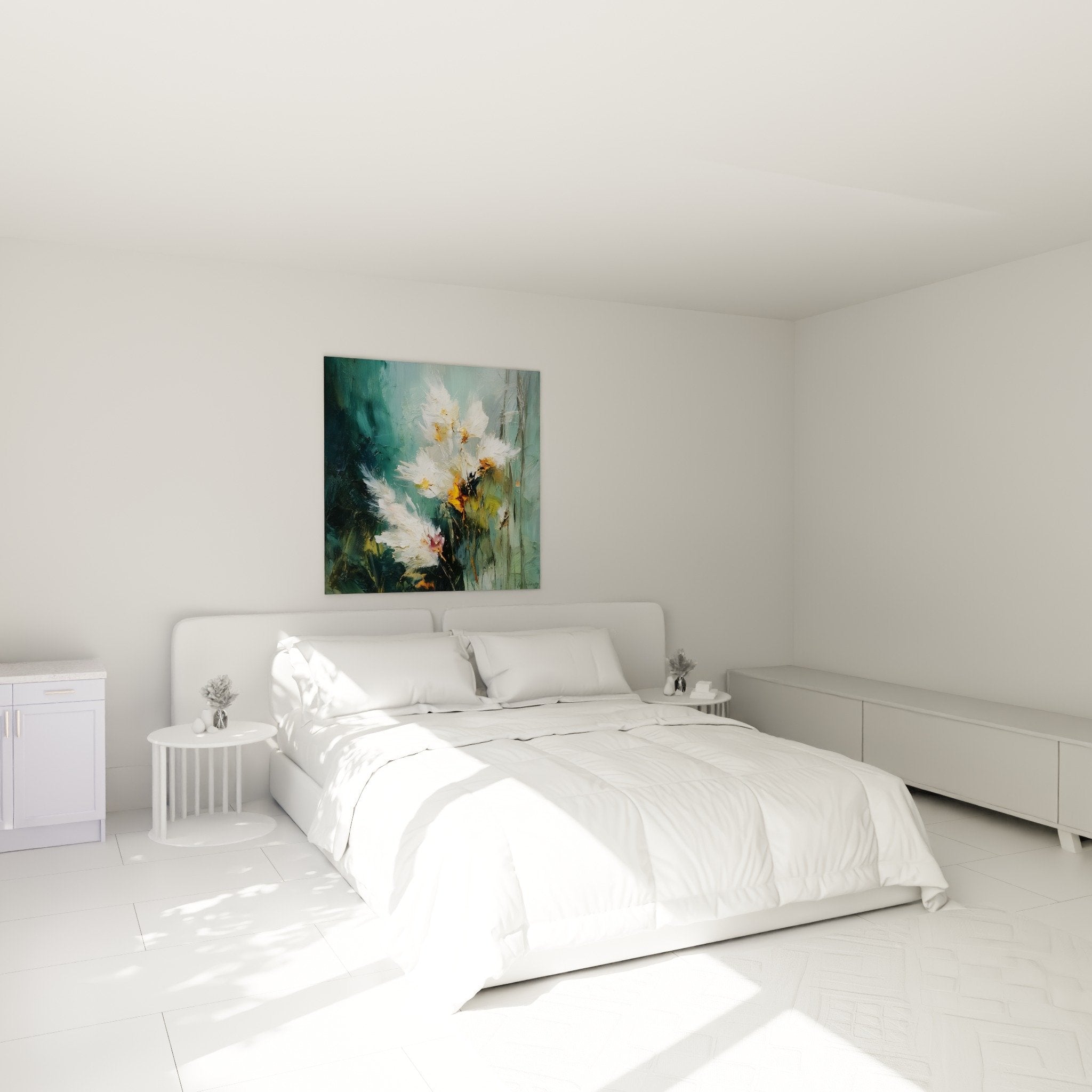 Tableau graminées épis blancs dorés décorant chambre moderne, ambiance apaisante nature turquoise blanc