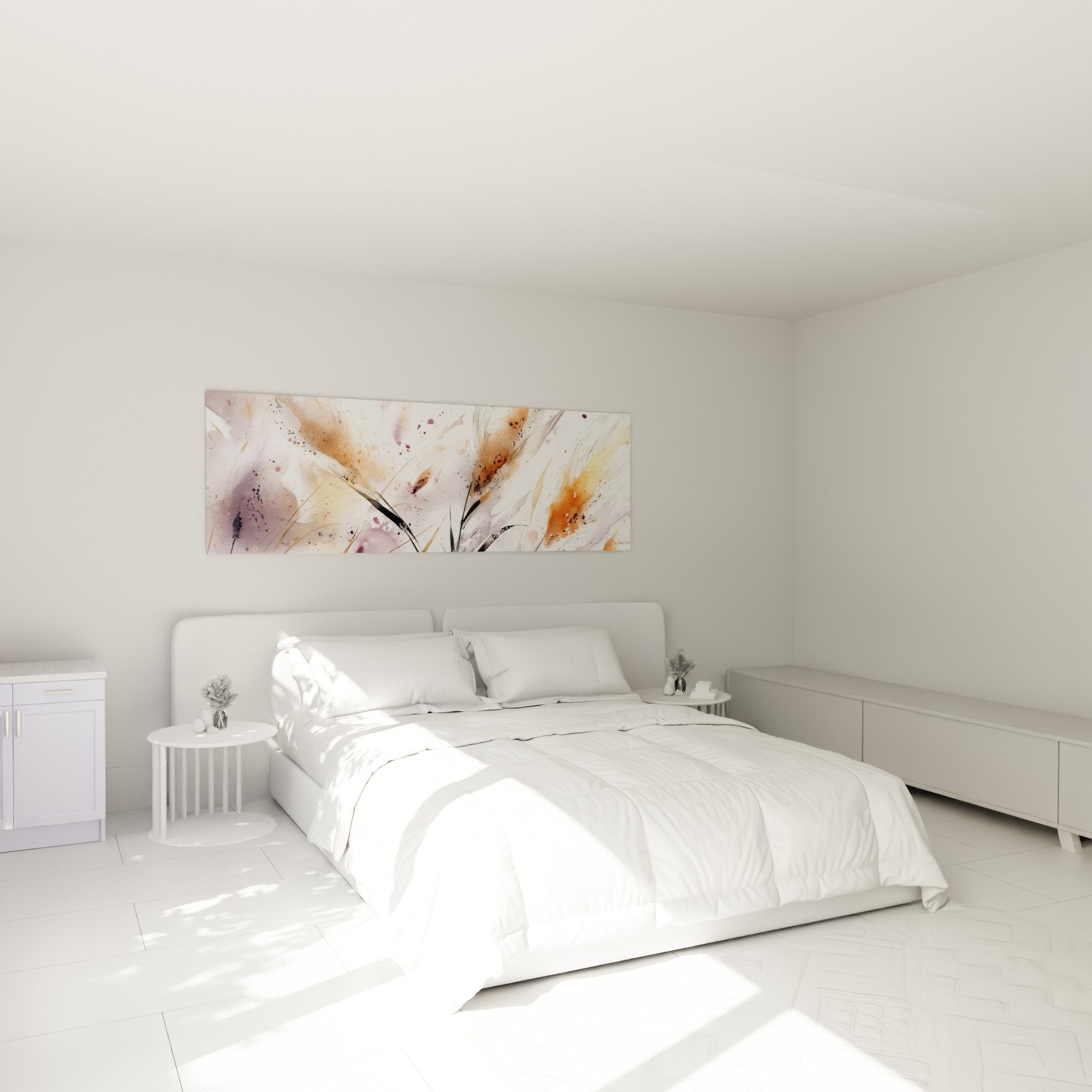 Décoration chambre avec tableau graminées abstrait aux nuances automnales orangé violet sur mur beige