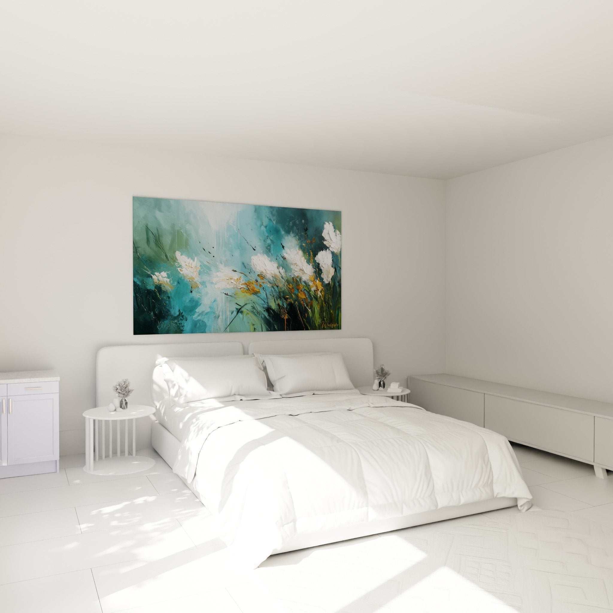 Turquoise abstract grass wall art in modern bedroom with white contemporary furniture