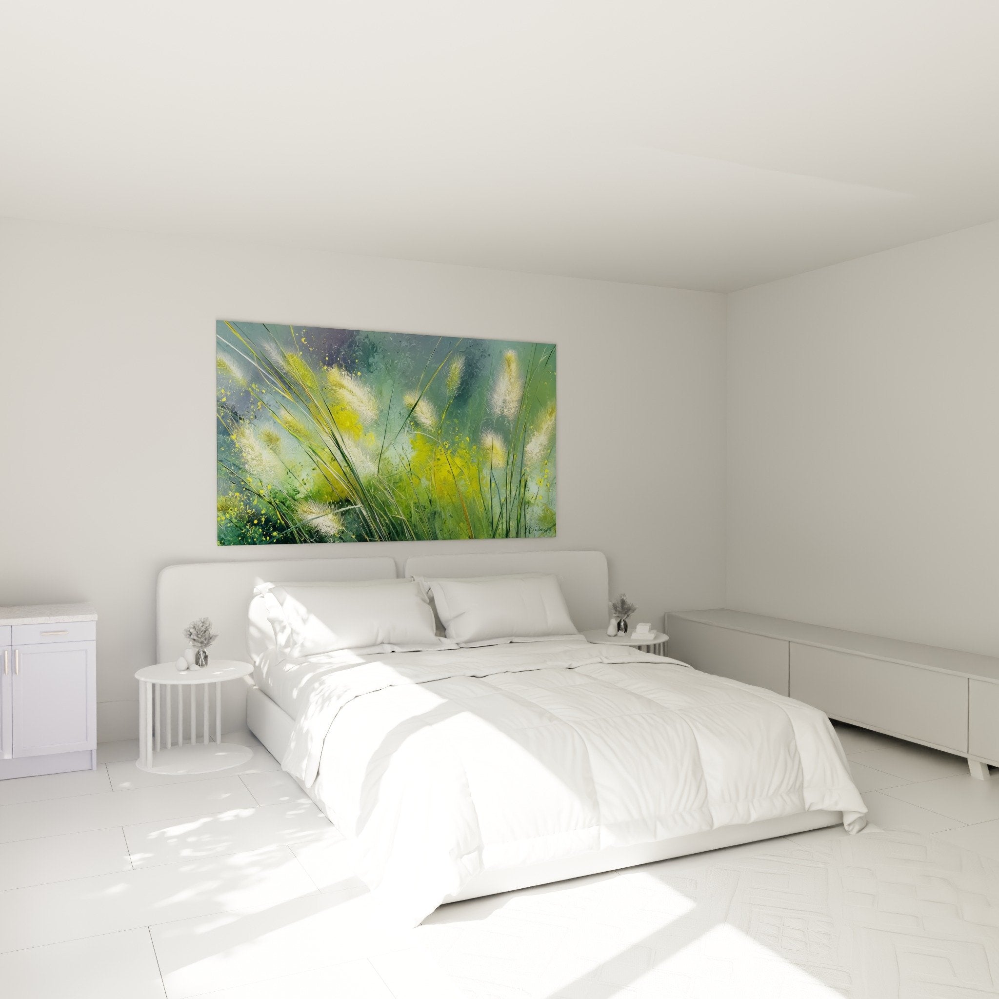 Décoration murale chambre avec tableau graminées vertes et dorées au-dessus du lit, ambiance naturelle