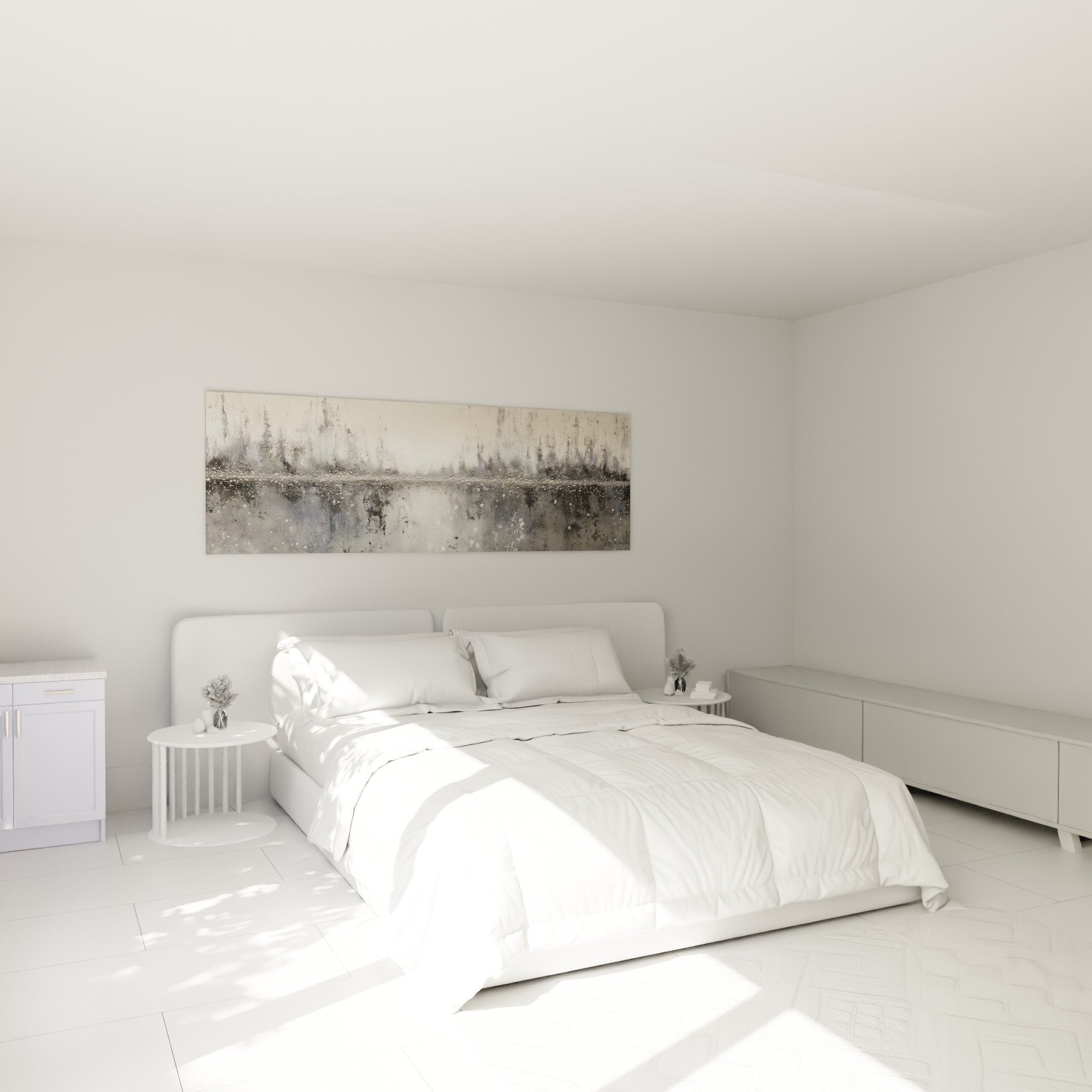 Décoration chambre avec tableau abstrait gris blanc, ambiance apaisante, mur épuré, style minimaliste zen