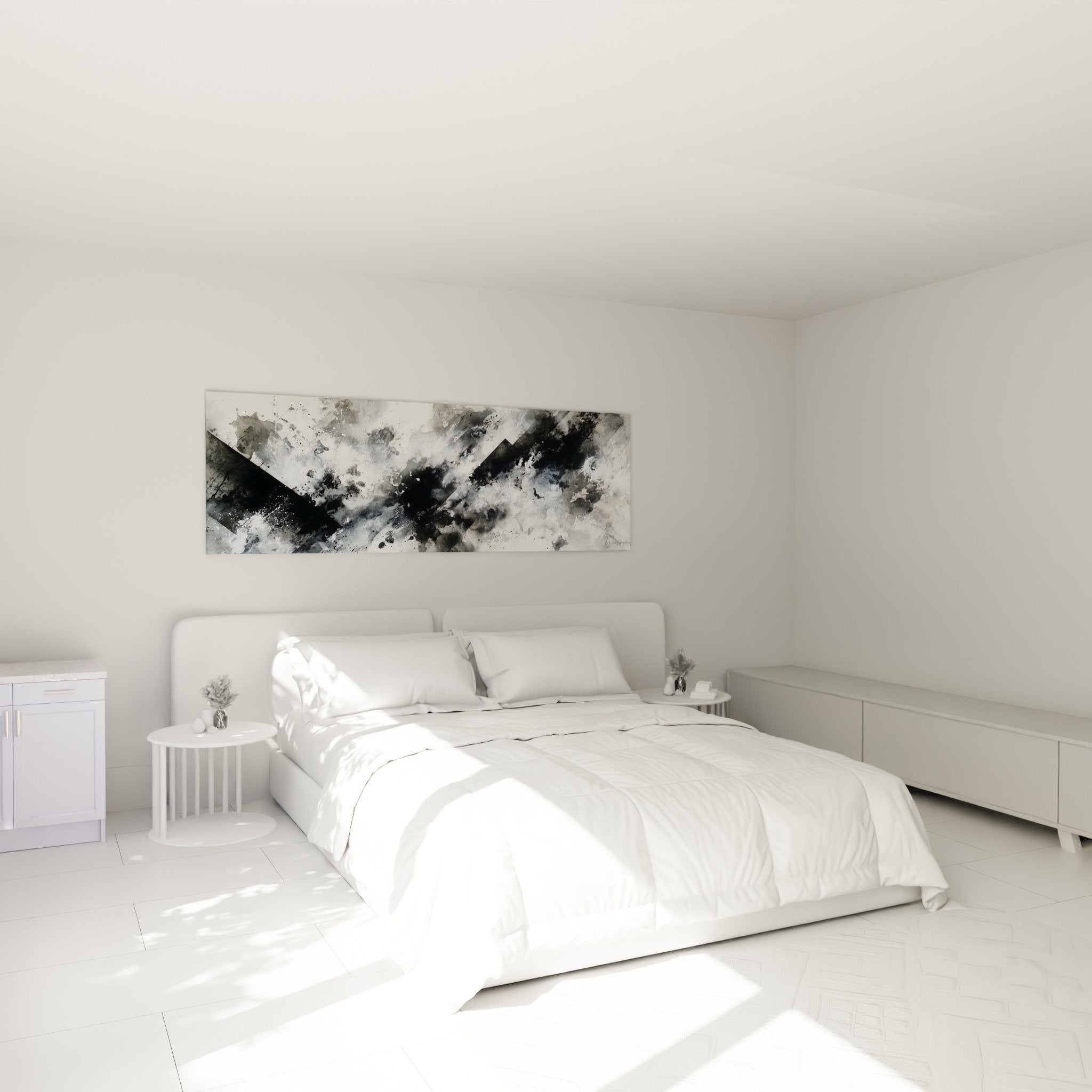 Œuvre abstraite gris métallique au-dessus d'un lit, décoration chambre moderne feng shui ouest métal élégante